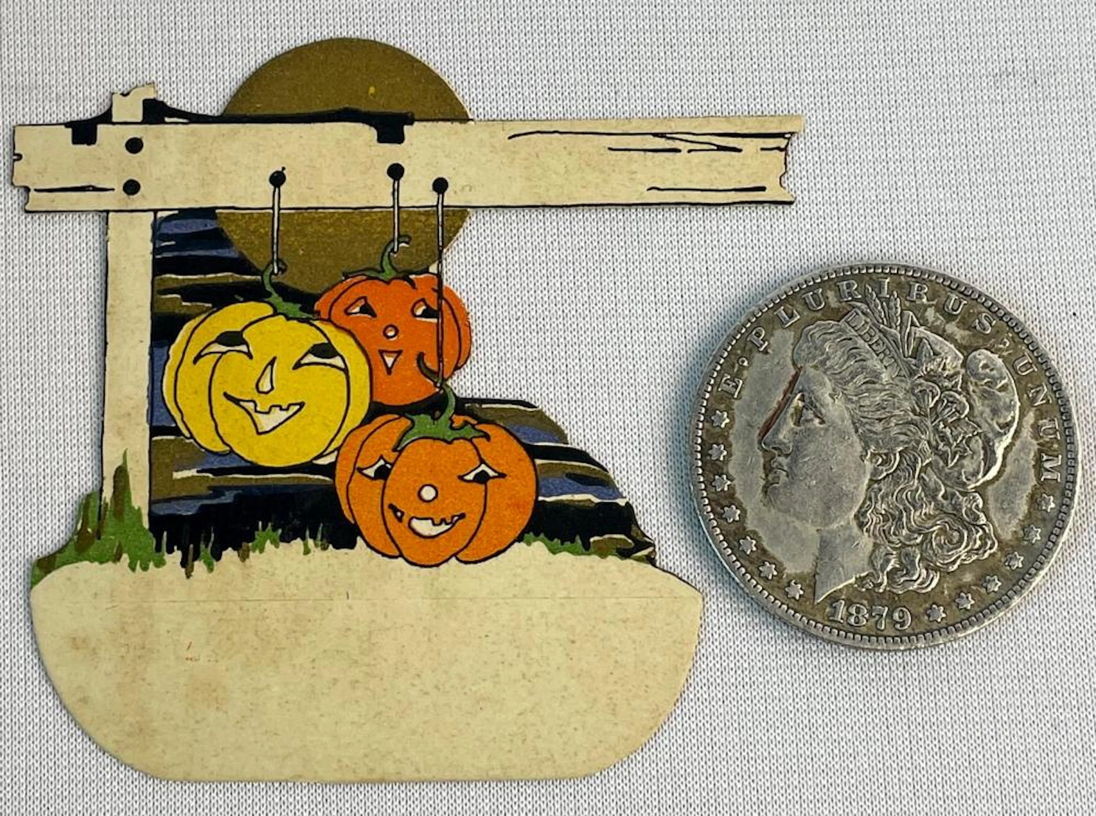 Vintage 1930 Hanging Jack-O-Lanterns Halloween Die-Cut Place Card UNUSED
