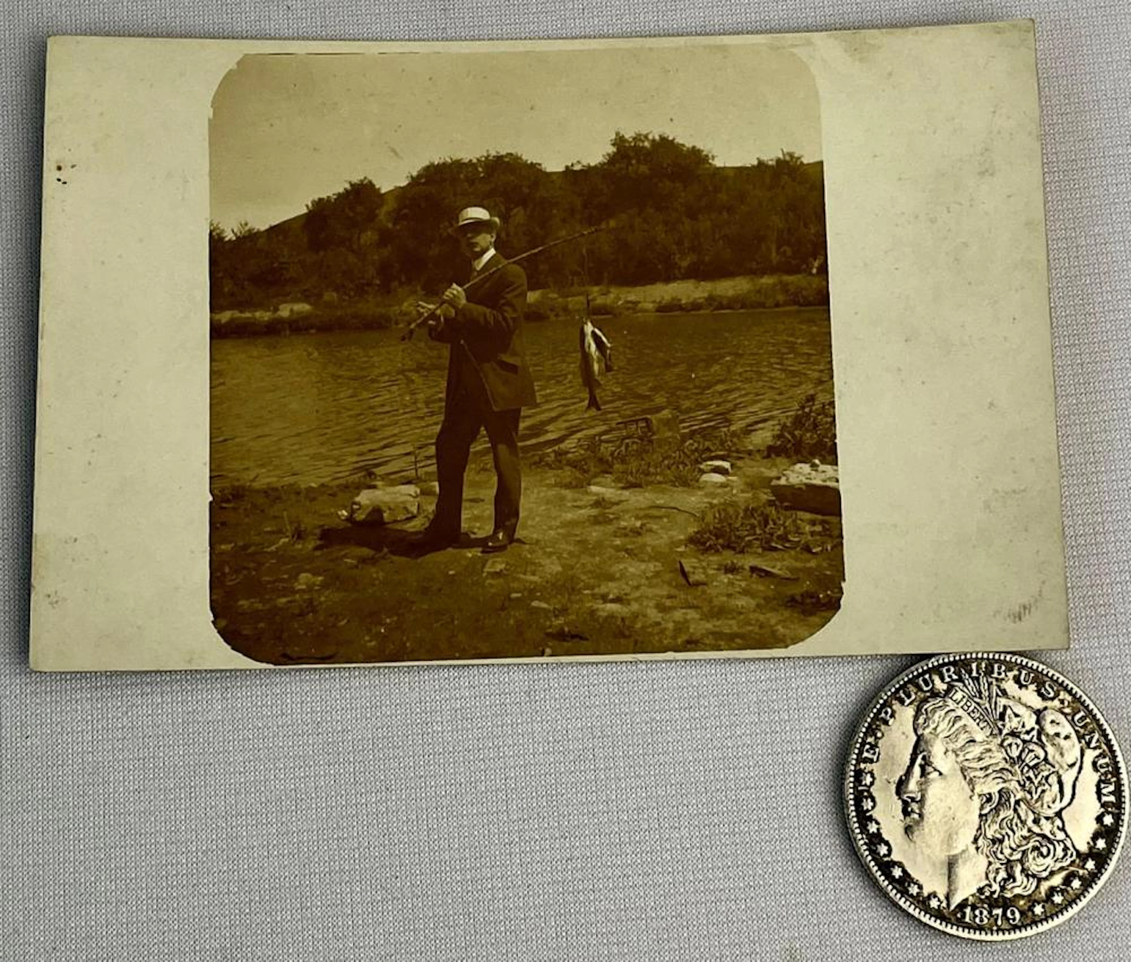 Antique c. 1910 Gentleman Fishing w/ Fish on His Hook Real Photo Postcard
