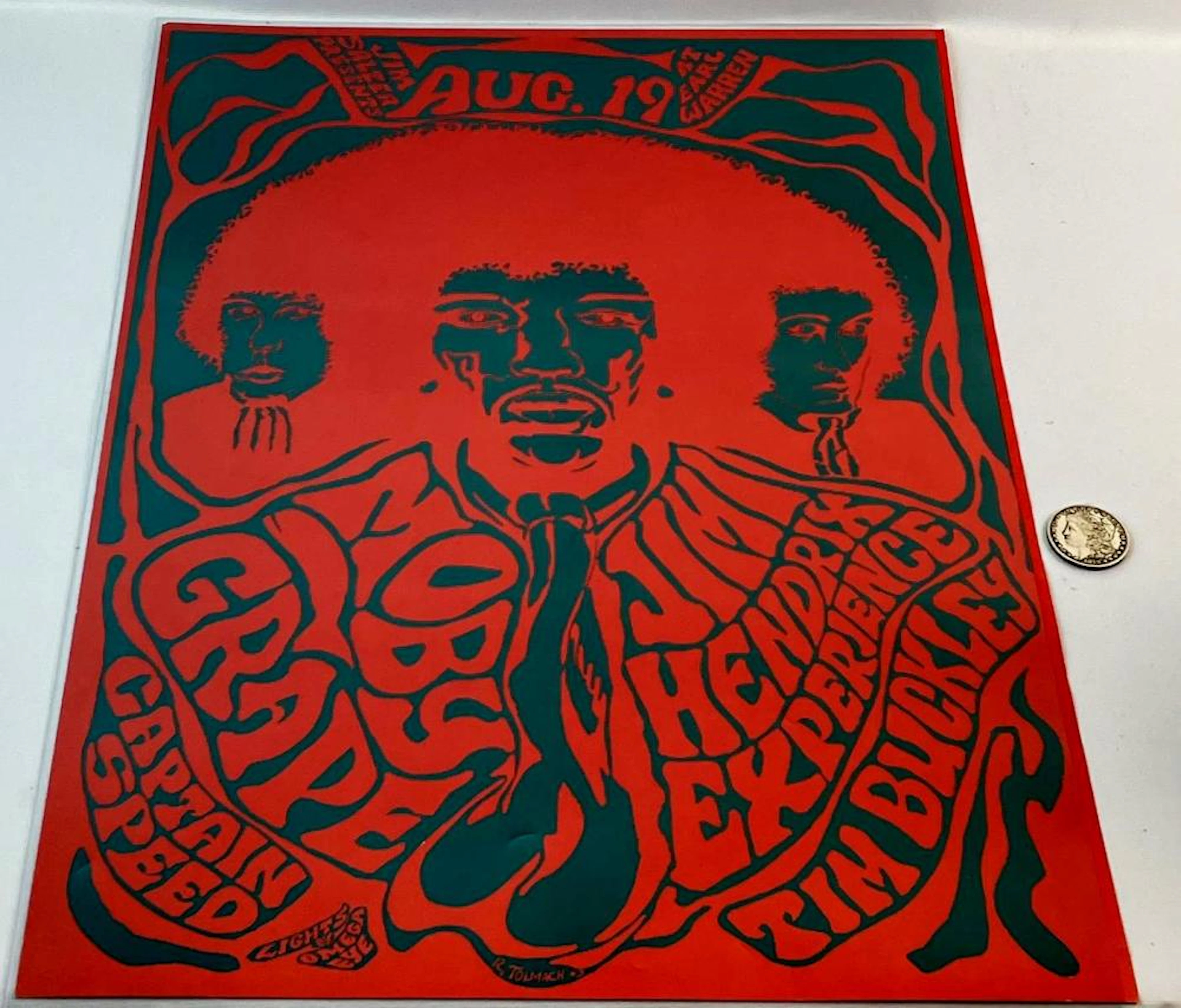 Vintage 1967 Jimi Hendrix Experience Poster Second Print Red Border (Moby Grape