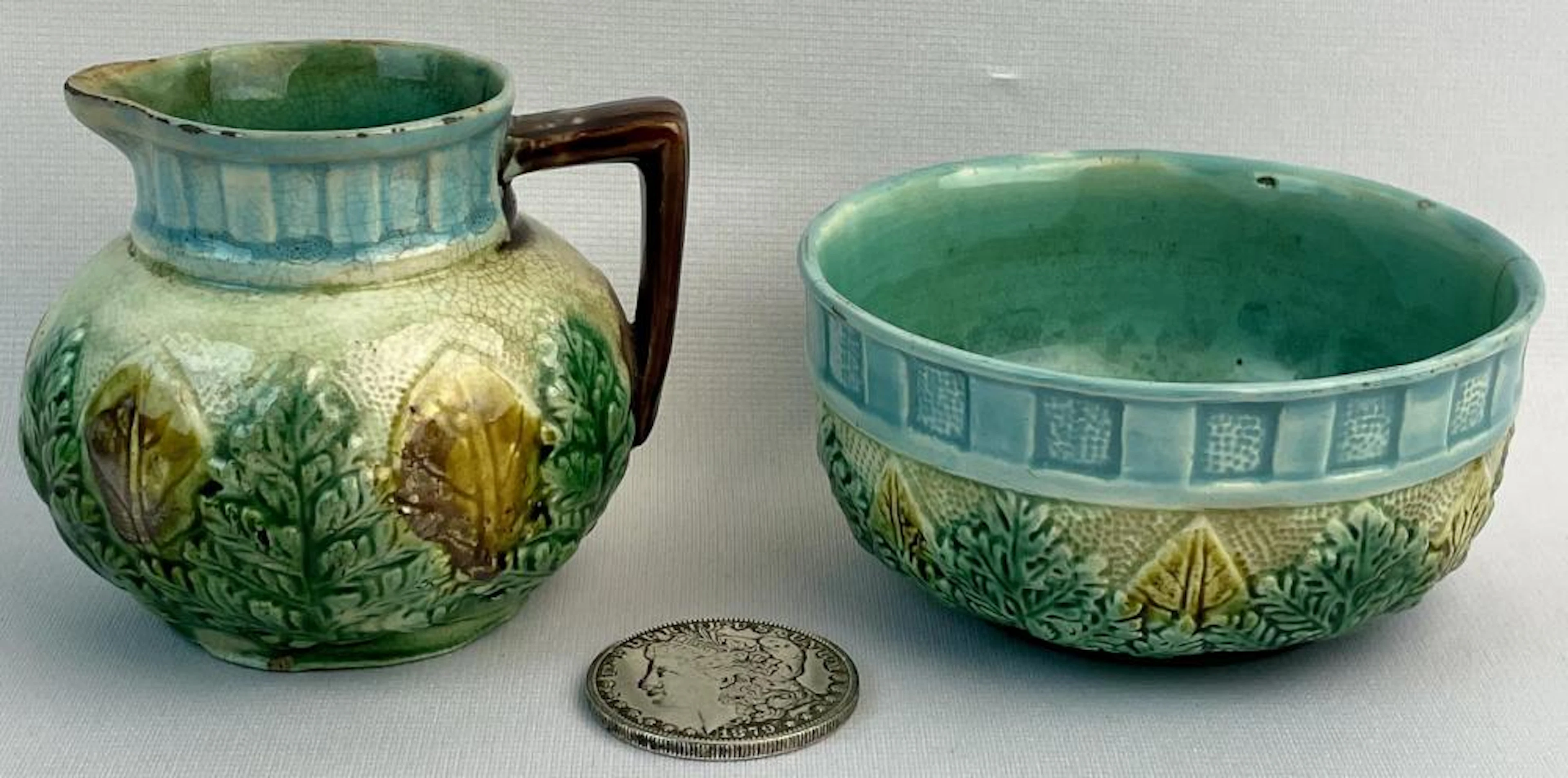 Antique c. 1880 Beautiful Majolica Sugar Bowl and Creamer Set