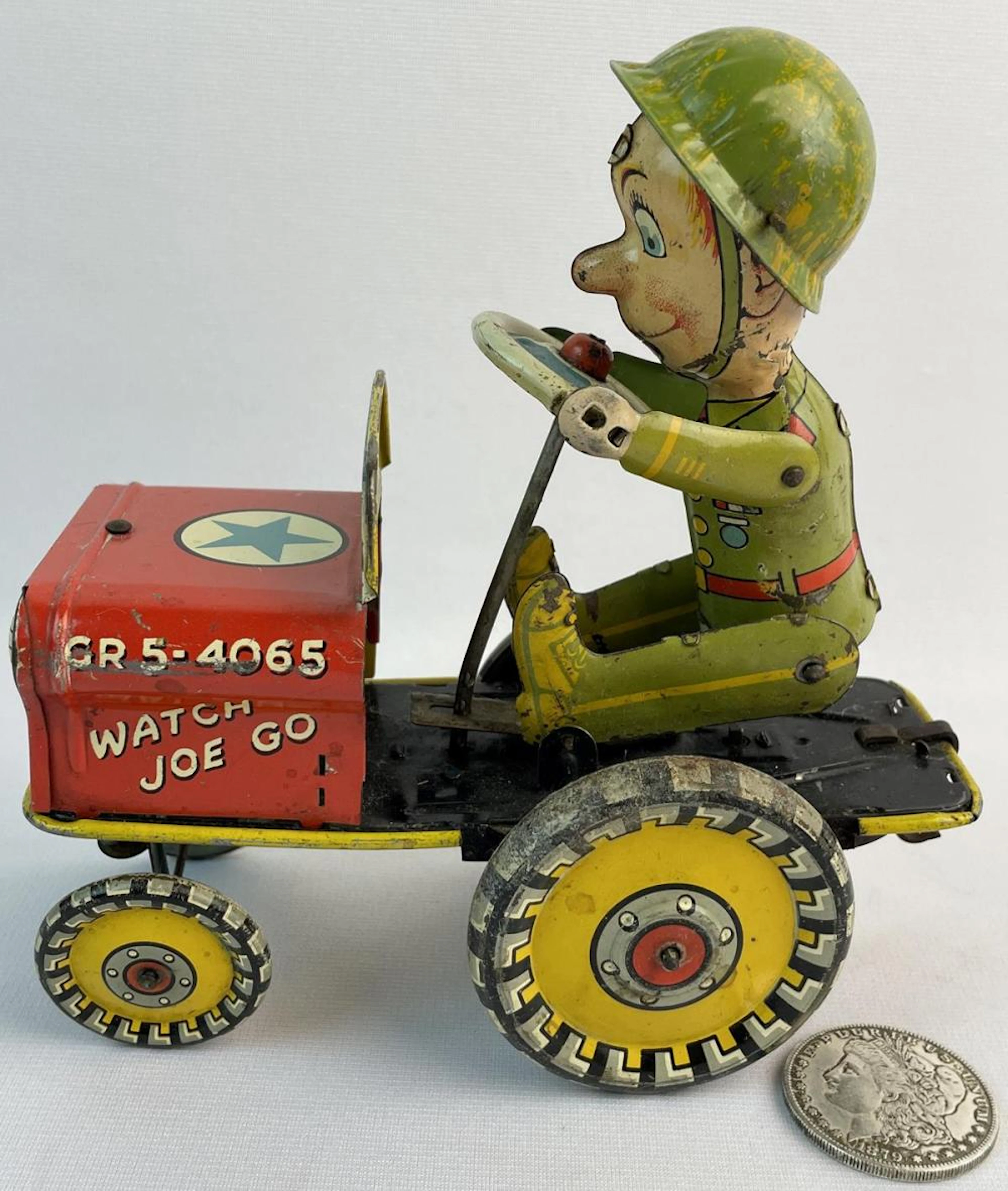 Vintage 1944 Unique Art "Watch Joe Go" G.I. Joe Tin Wind Up Army Jeep WORKS