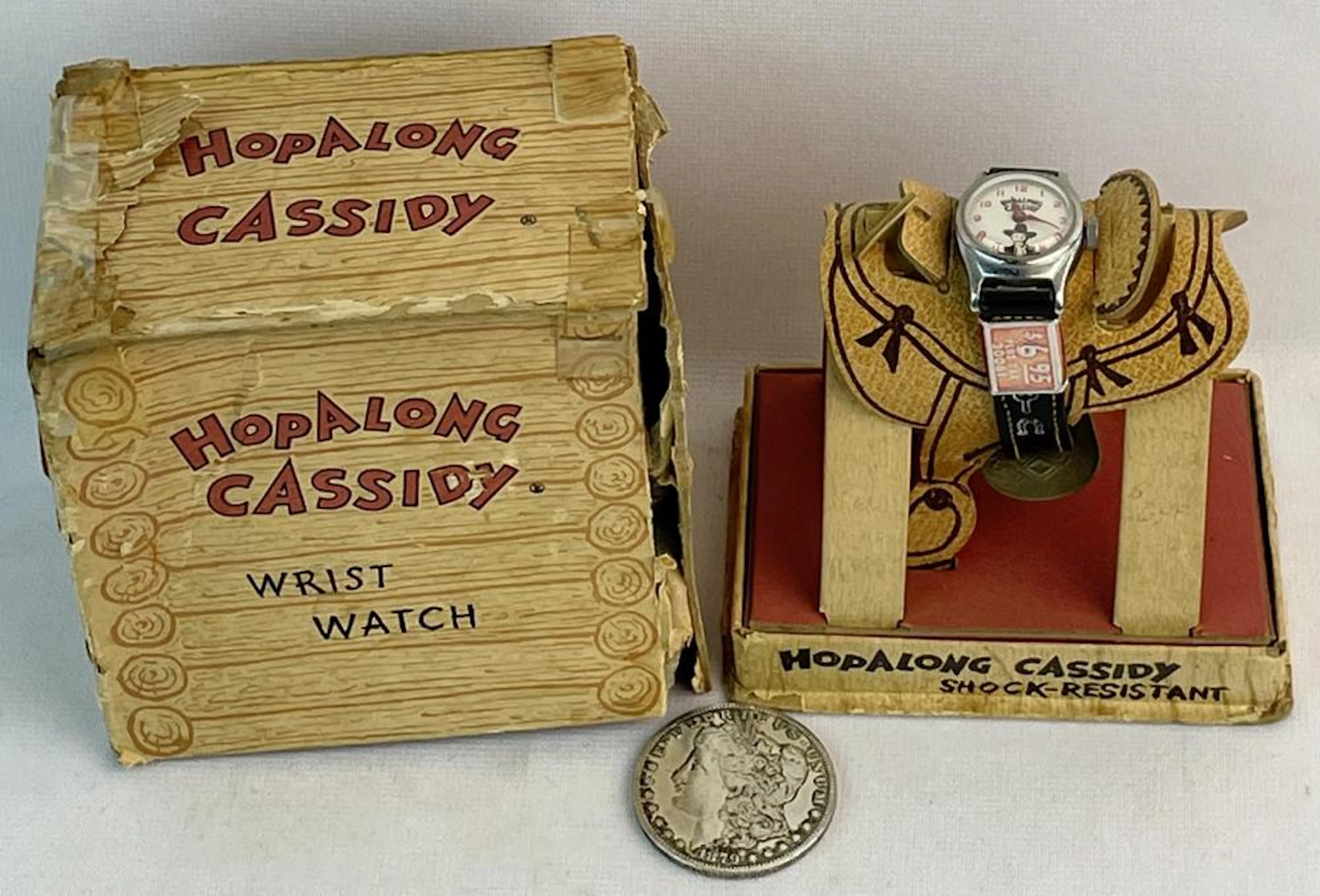 Vintage c. 1955 Hopalong Cassidy Wrist Watch w/ Box and Saddle NEW IN BOX
