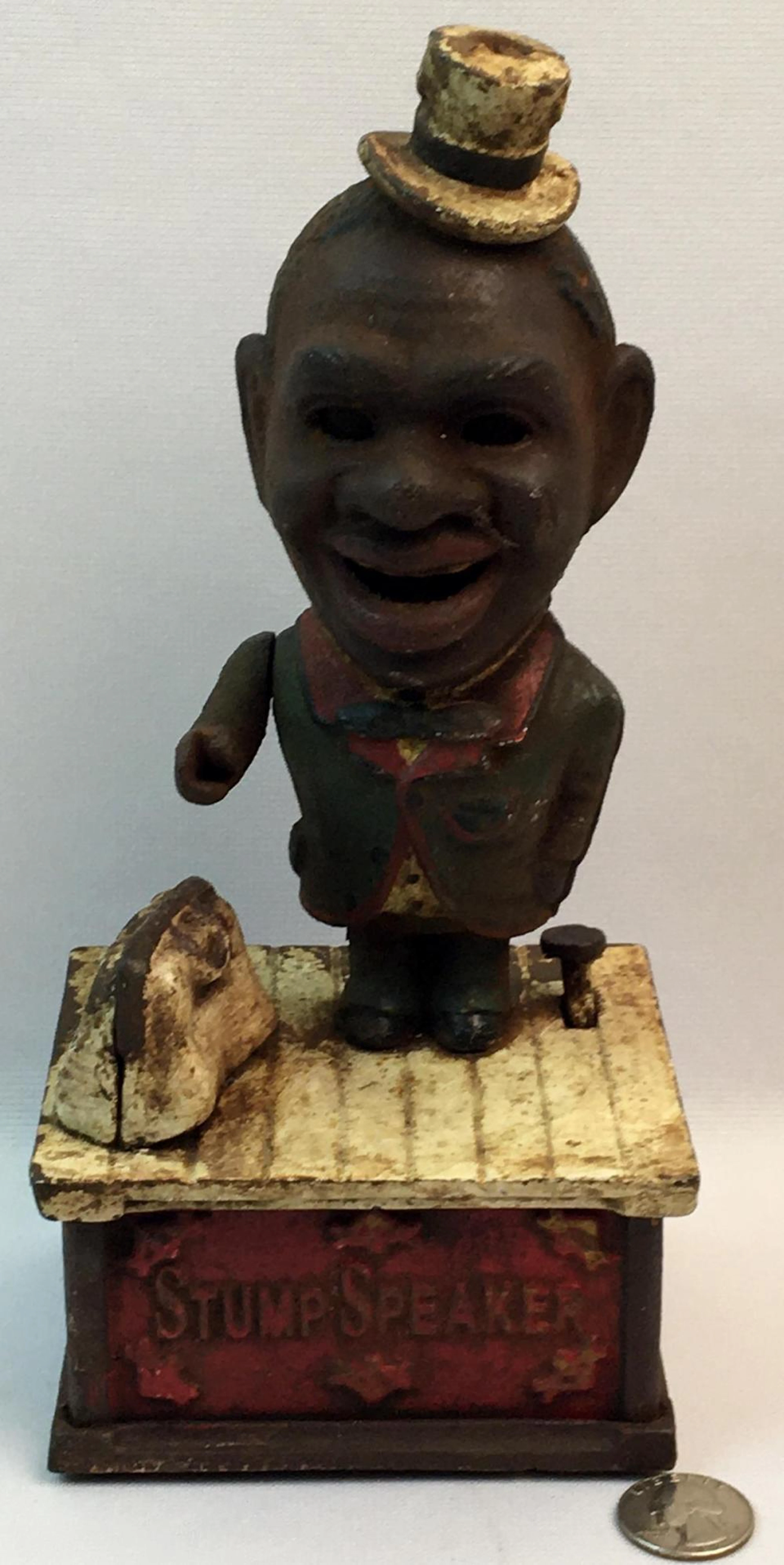 Antique Cast Iron Black Americana "Stump Speaker" Mechanical Coin Bank