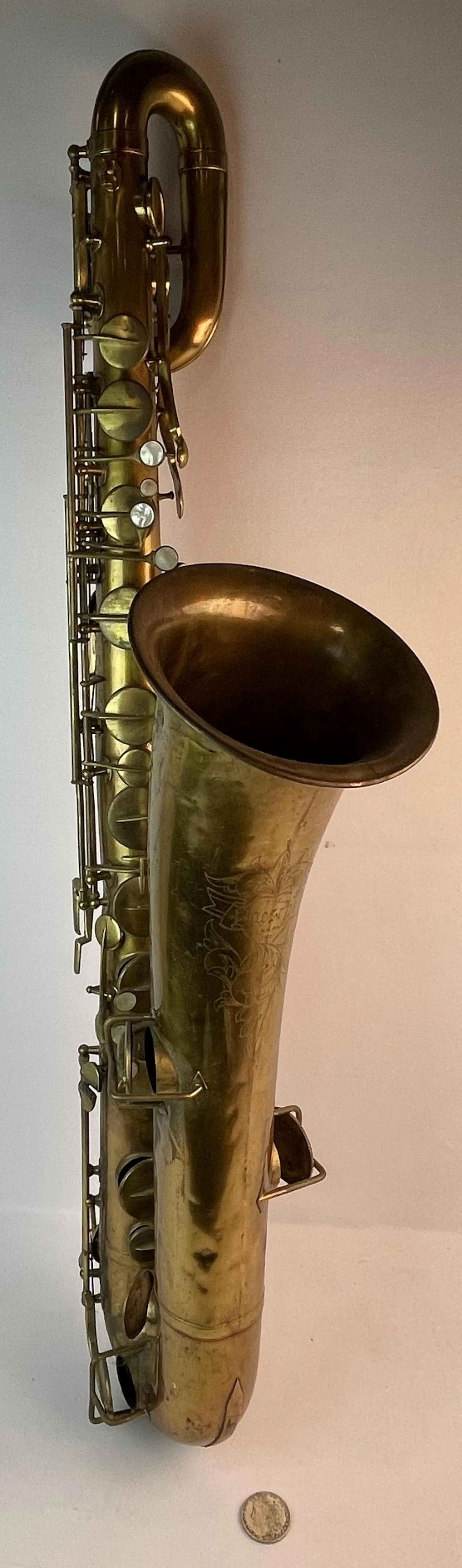 Antique 1921 Buescher True Tone Low Pitch Baritone Saxophone w/ Gold Lacquer