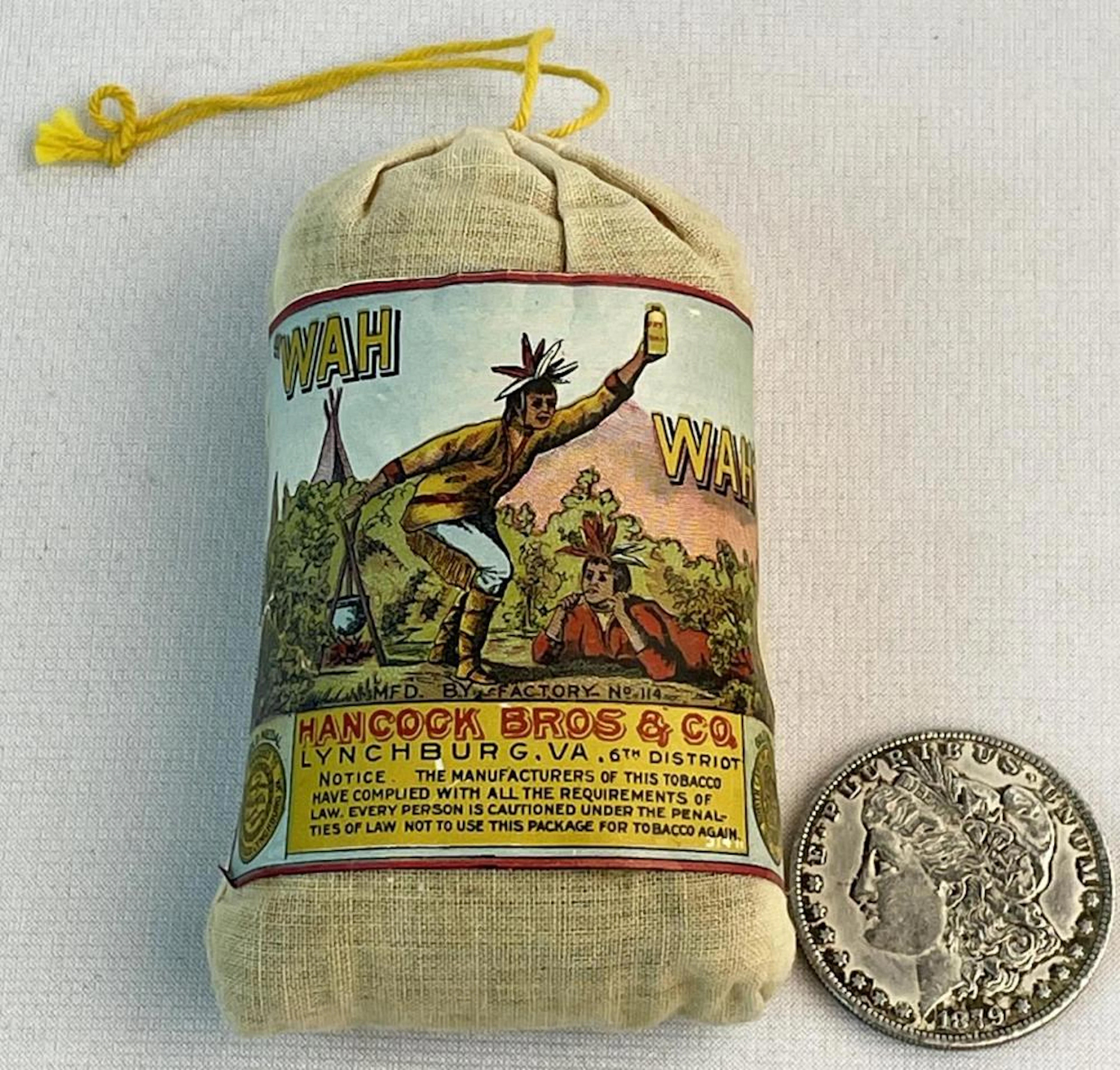 Vintage / Antique Wah Wah Hancock Bros. Danville VA Tobacco Cloth Bag