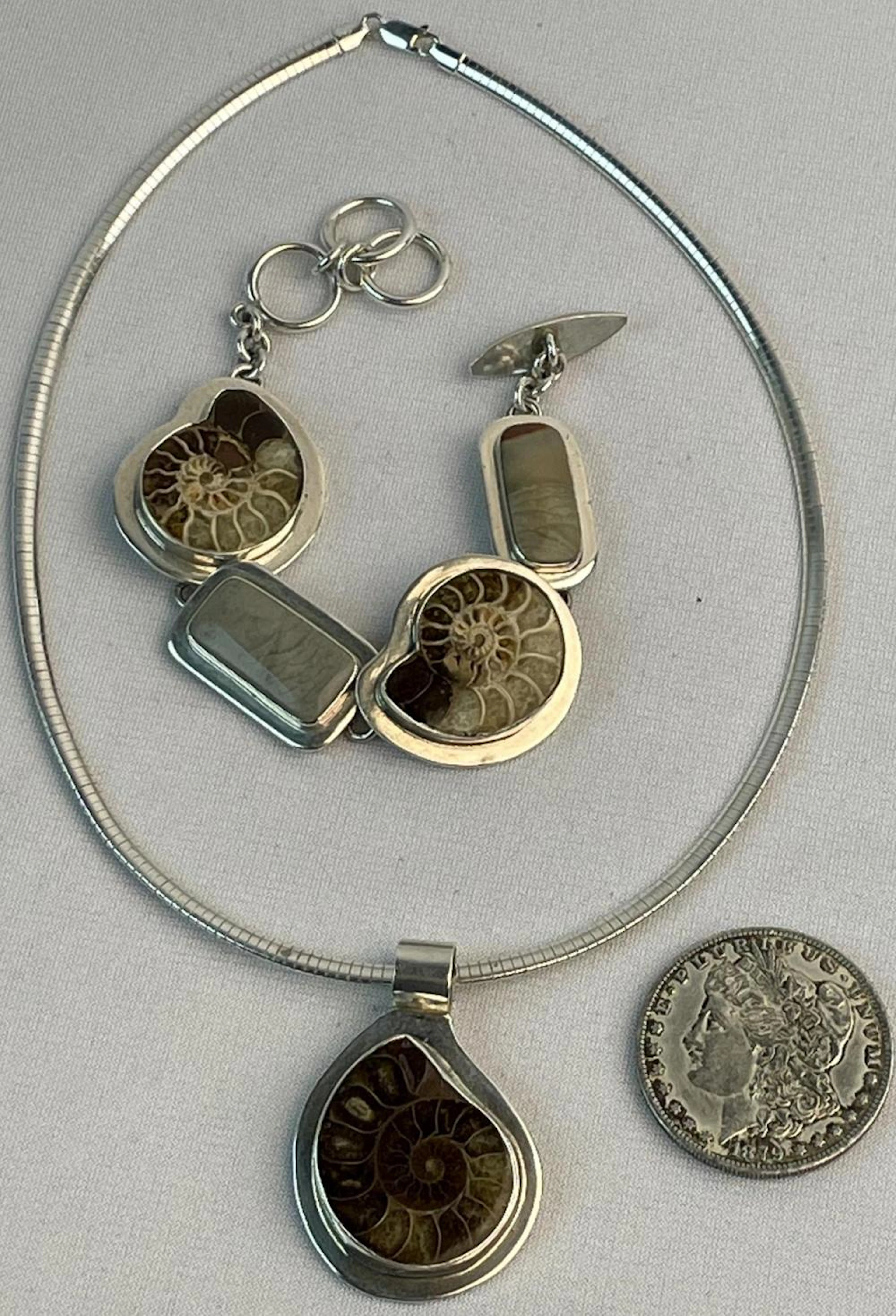 Vintage Sterling Silver & Ammonite Fossil Bracelet & Necklace Set