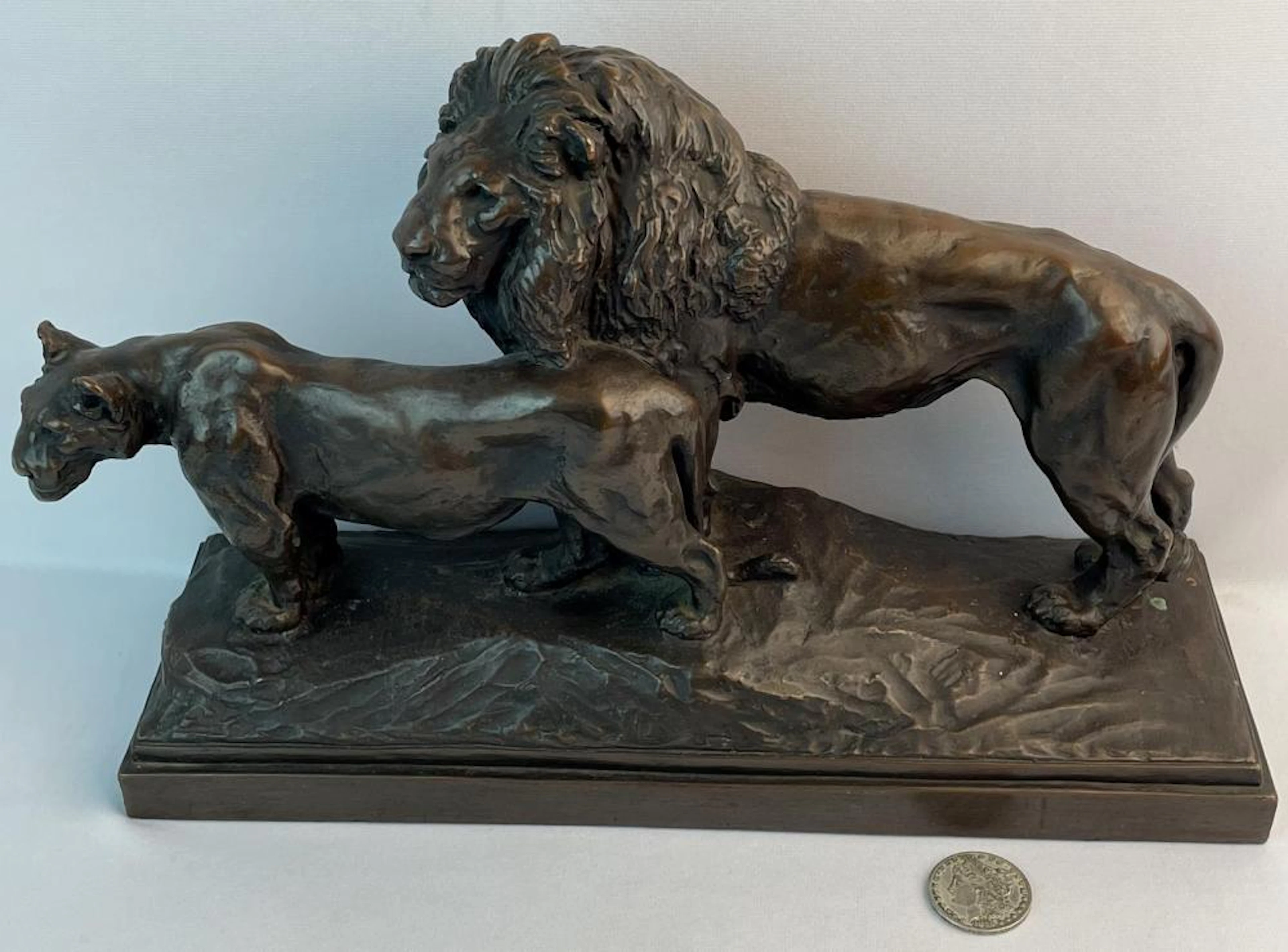 Antique 1913 Lion and Lioness Bronze Sculpture by Paul Herzel (1876 - 1956)