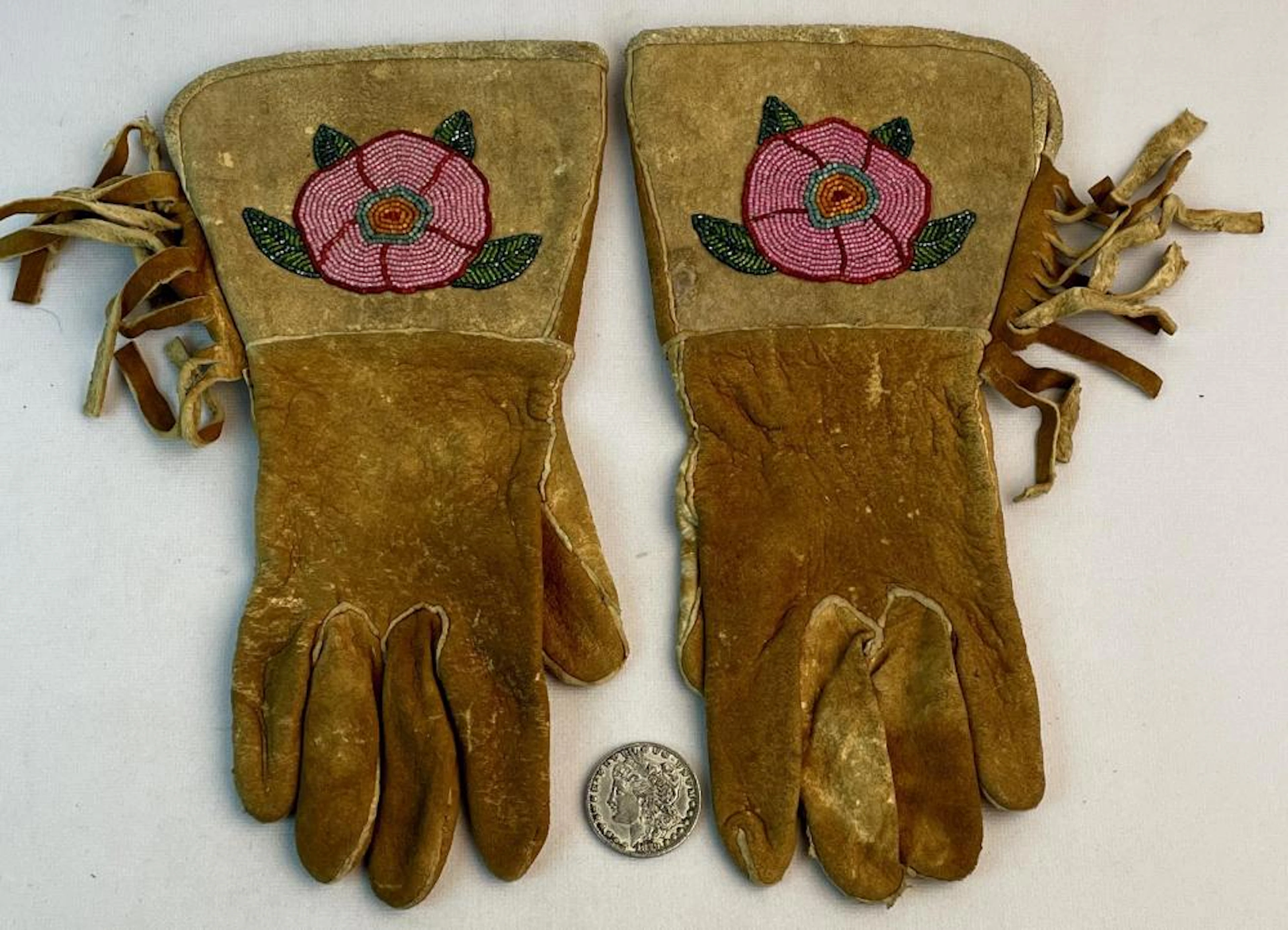 Antique c 1920 Native American Rose Embroidered Gauntlet Gloves