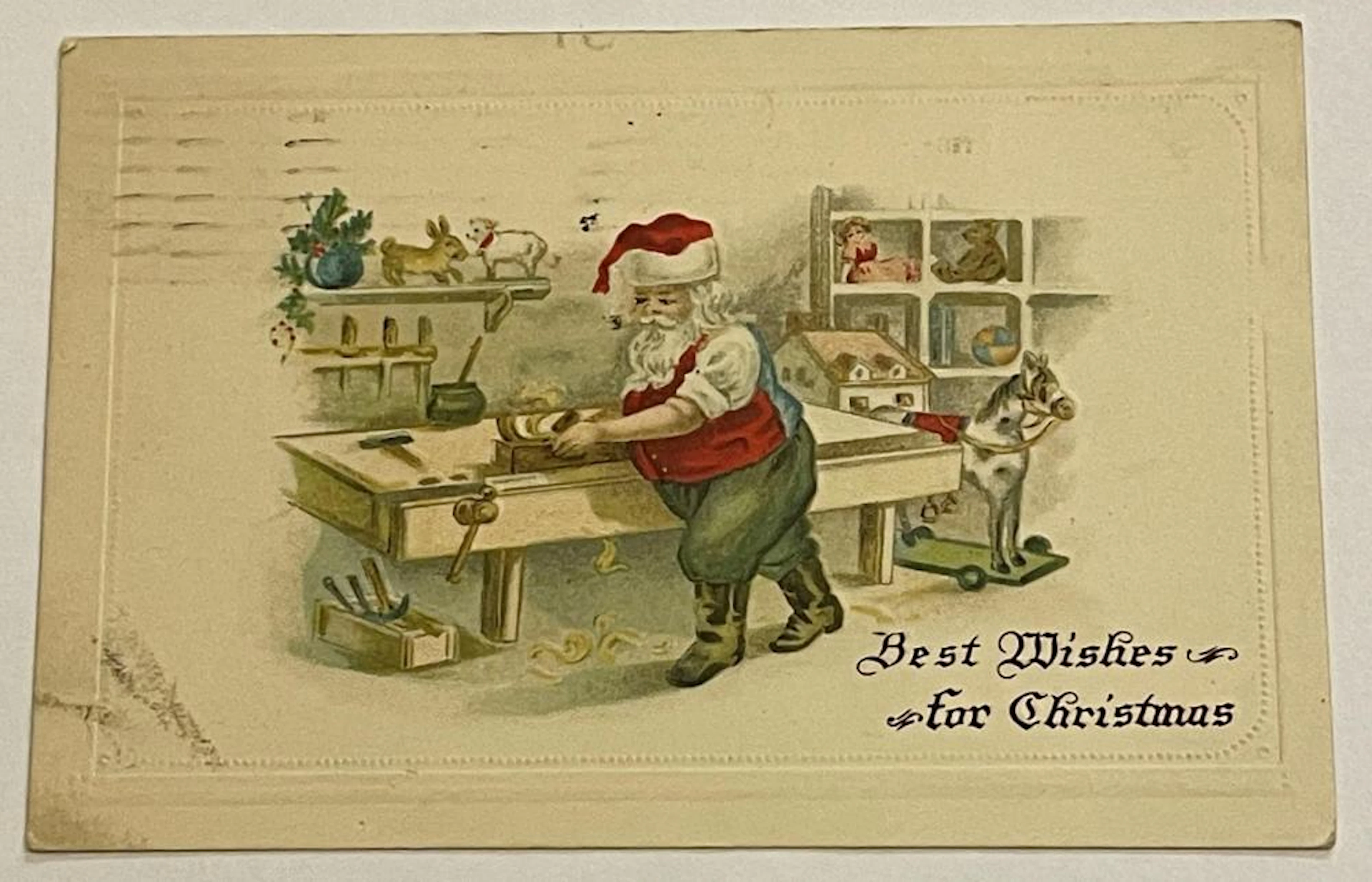 Antique 1915 Santa Claus Working In The Toy Shop Christmas Embossed Postcard