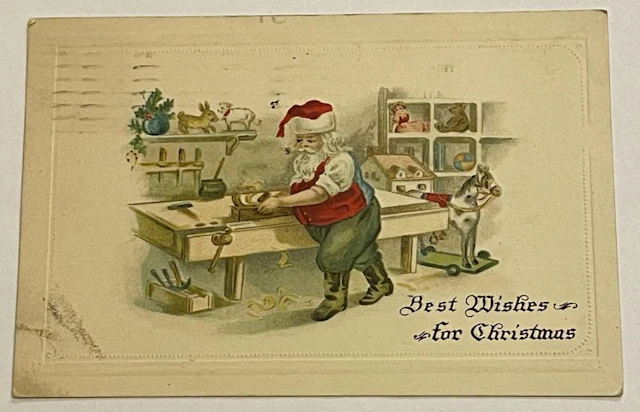 Antique 1915 Santa Claus Working In The Toy Shop Christmas Embossed Postcard