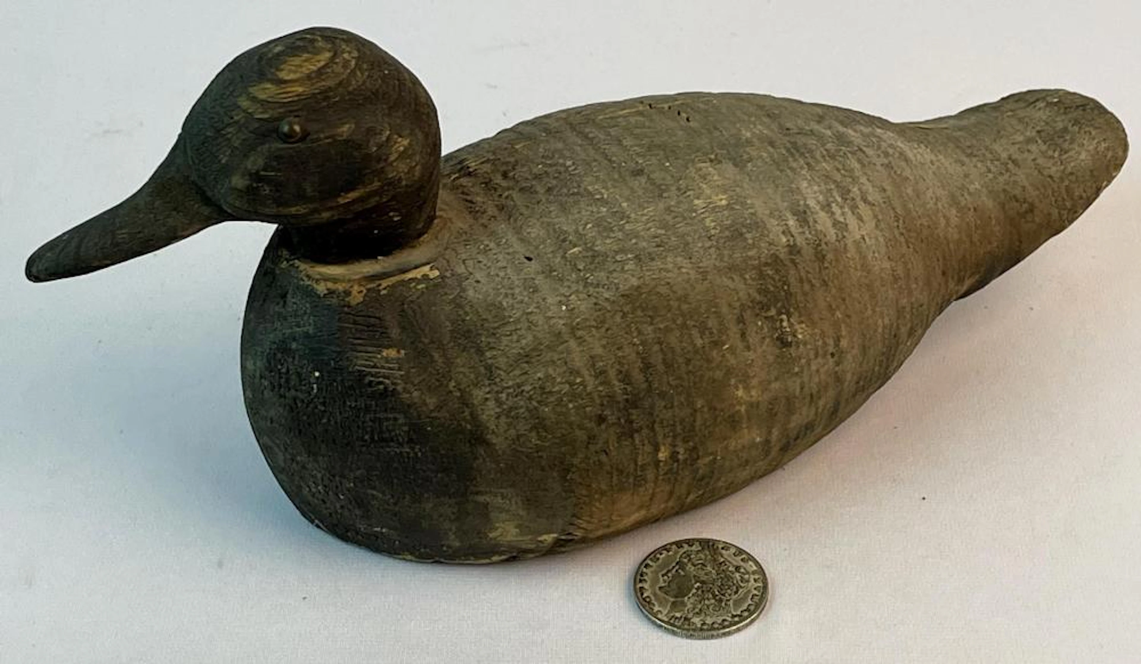 Antique Primitive Hand Carved and Painted Wood Duck Decoy w/ Black Button Eyes