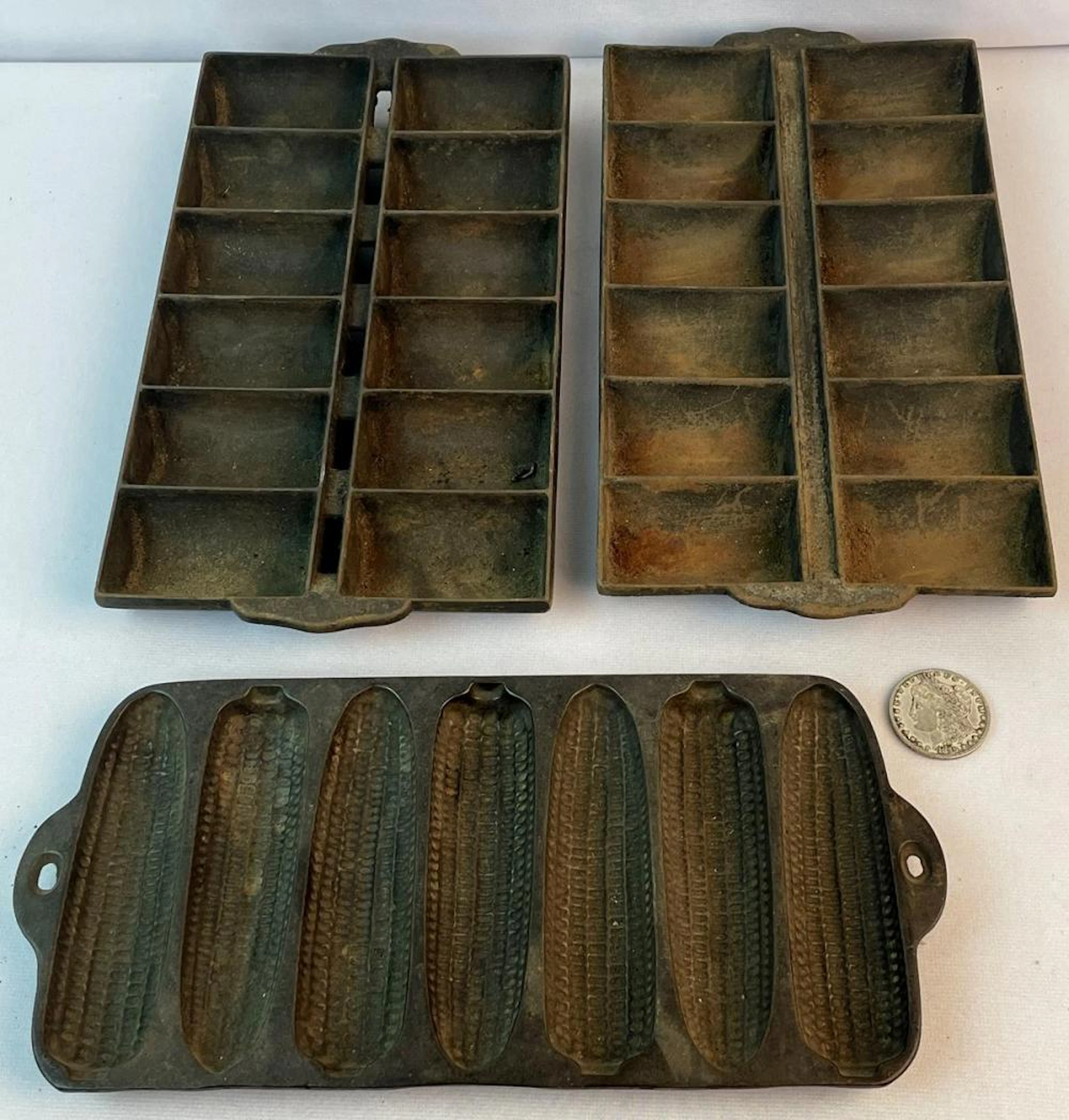 Antique Lot of 3 Cast Iron Baking Pans (Corn Bread Pan...