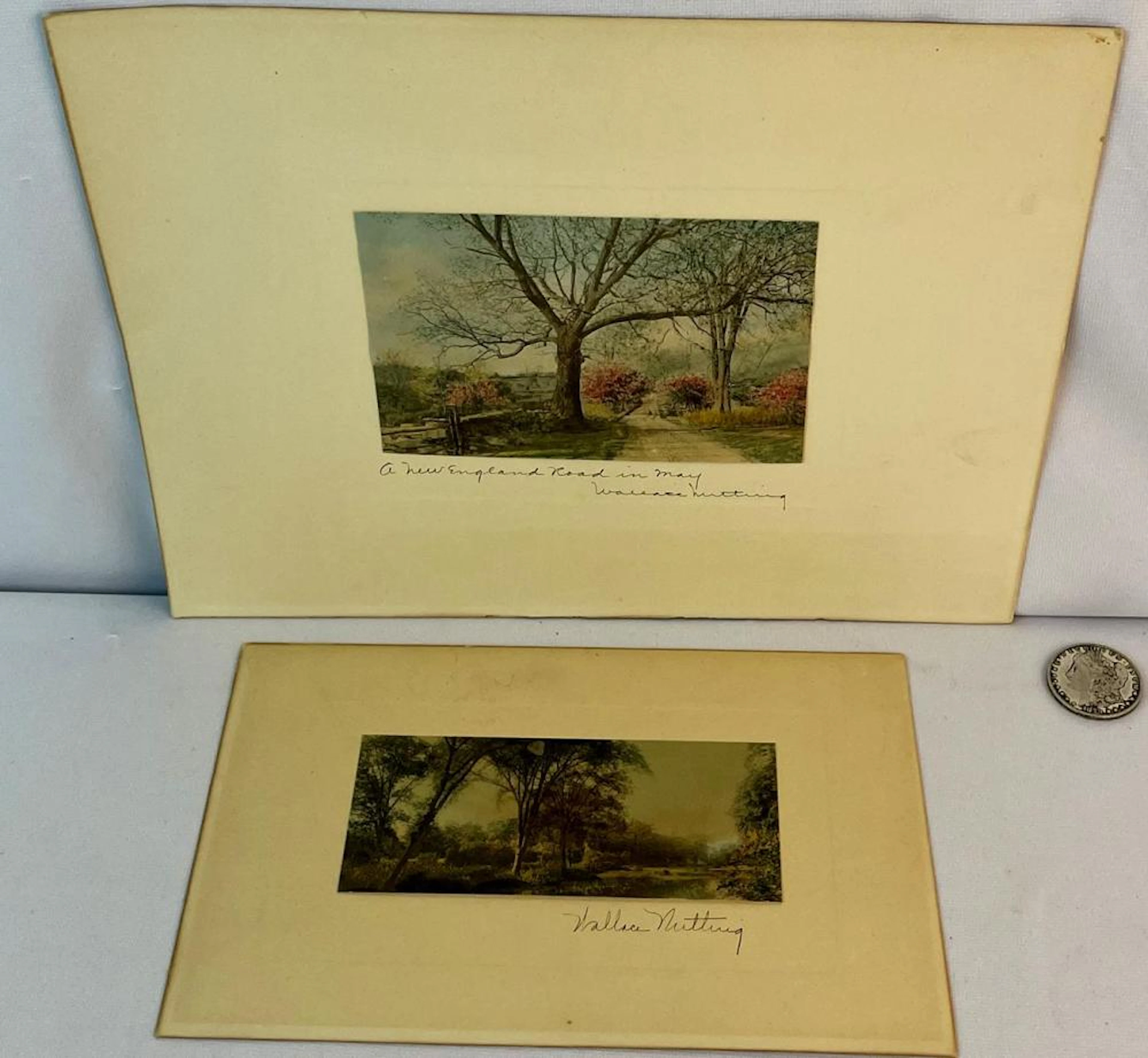 Antique c. 1920 Lot of 2 Wallace Nutting Matted Hand Tinted Prints