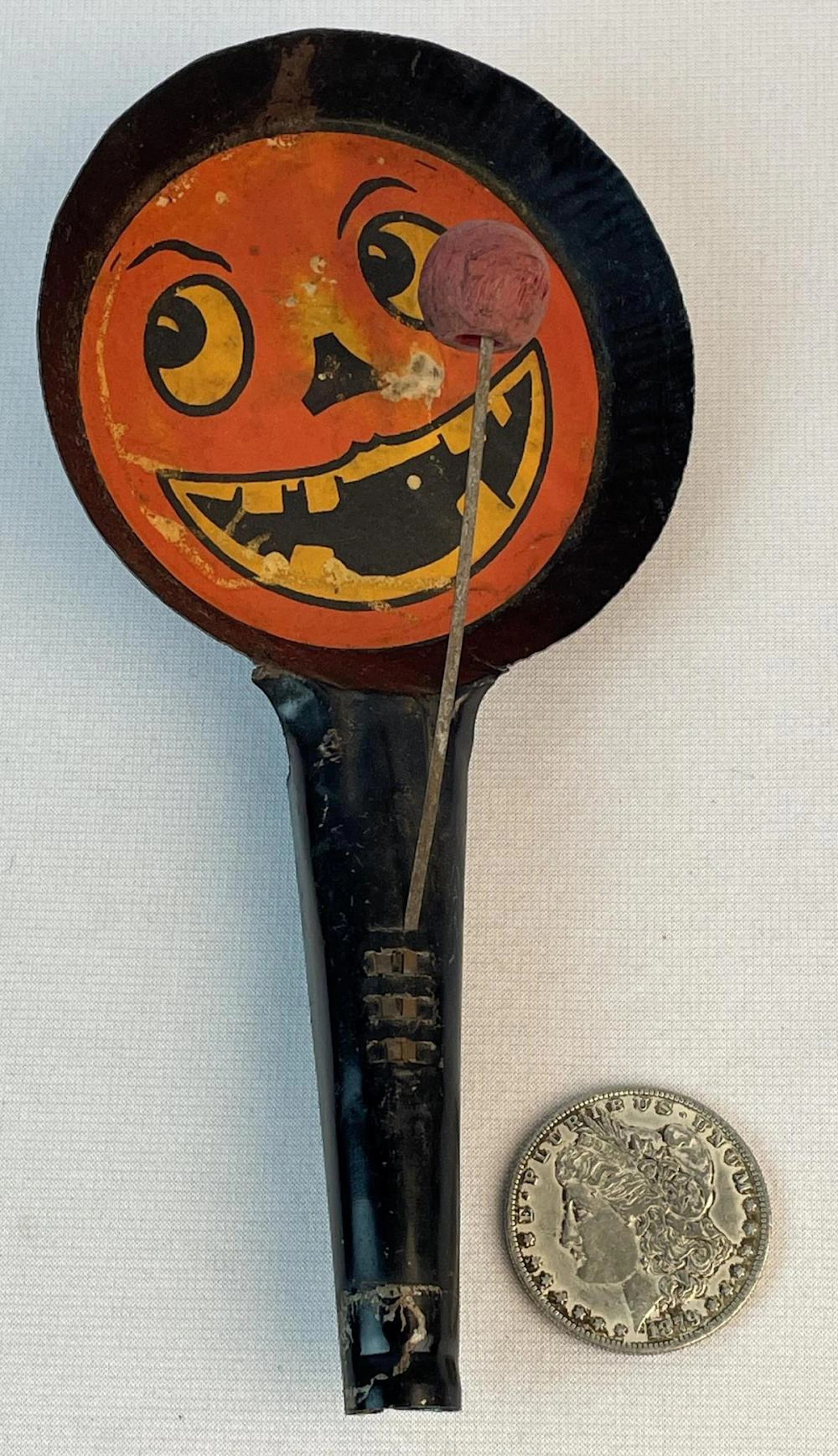 Antique 1920's Jack-O-Lantern Face Tin and Paper Face Halloween Noisemaker
