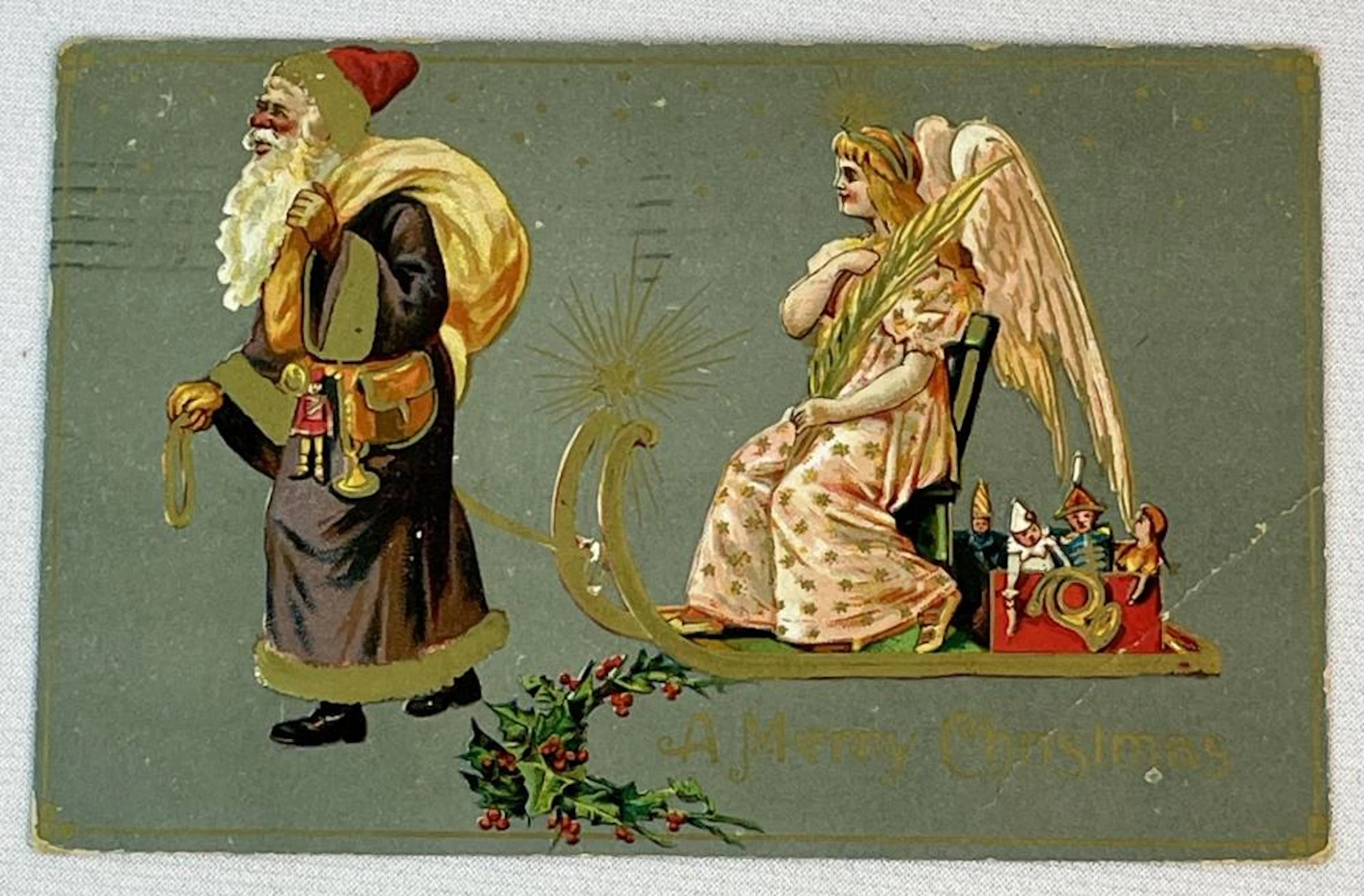 Antique 1911 Santa in a Purple Suit Carrying a Toy Sack...