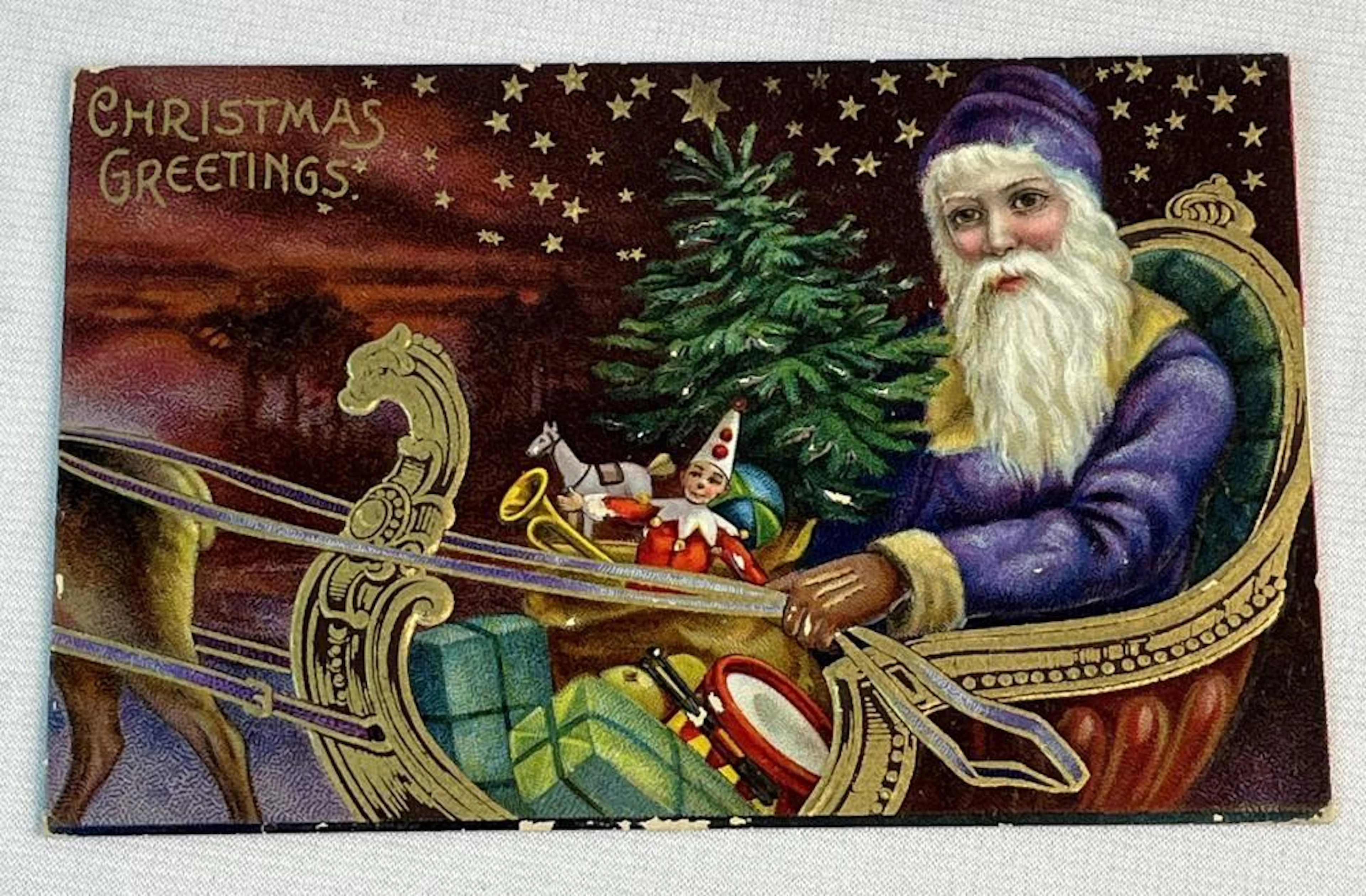 Antique 1912 Purple Suit Santa in His Sleigh w/ Toys...