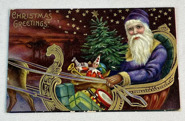 Antique 1912 Purple Suit Santa in His Sleigh w/ Toys...
