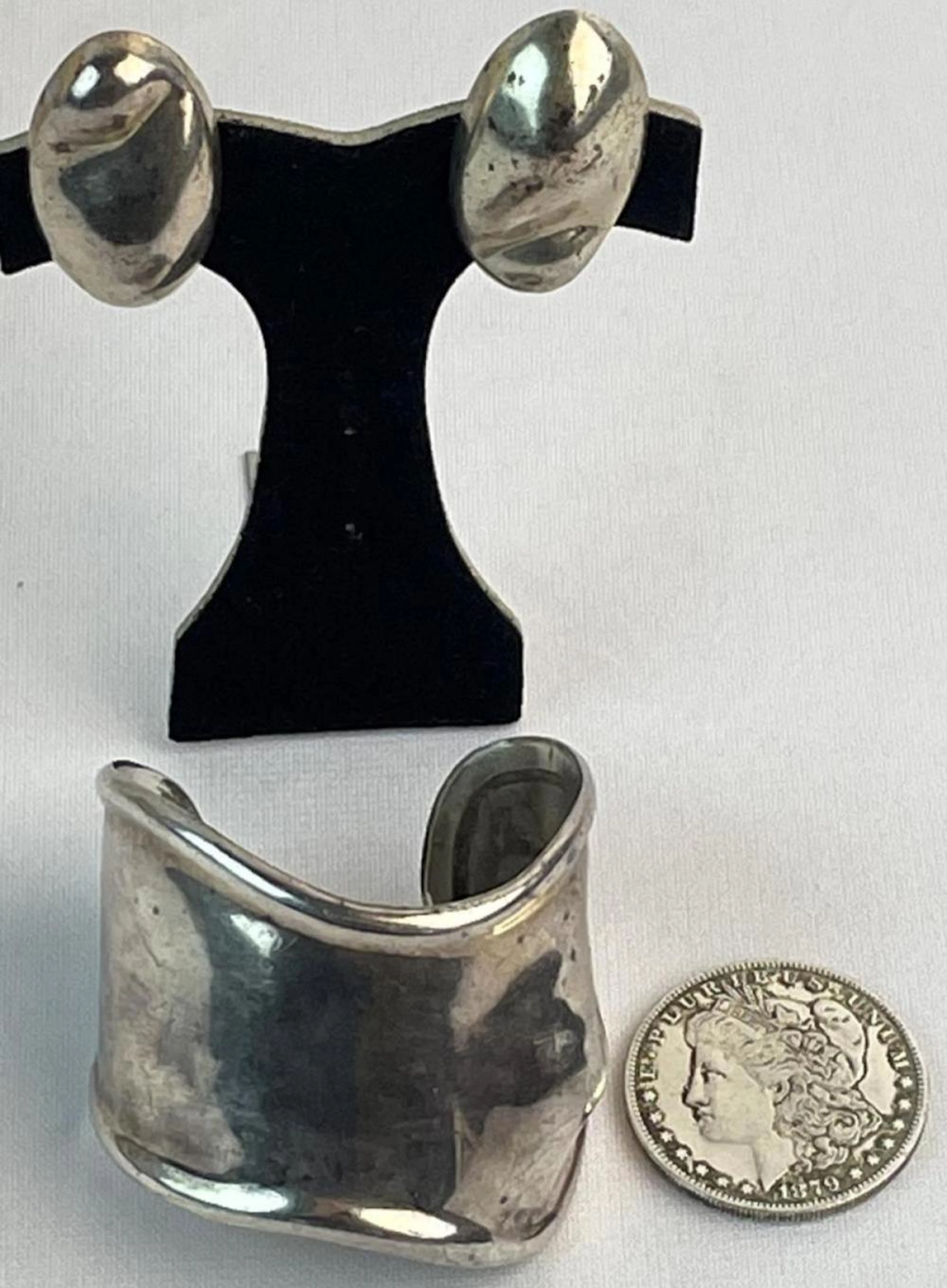 Vintage Taxco .925 Sterling Silver Mexico Modernist Cuff Bracelet & Earrings