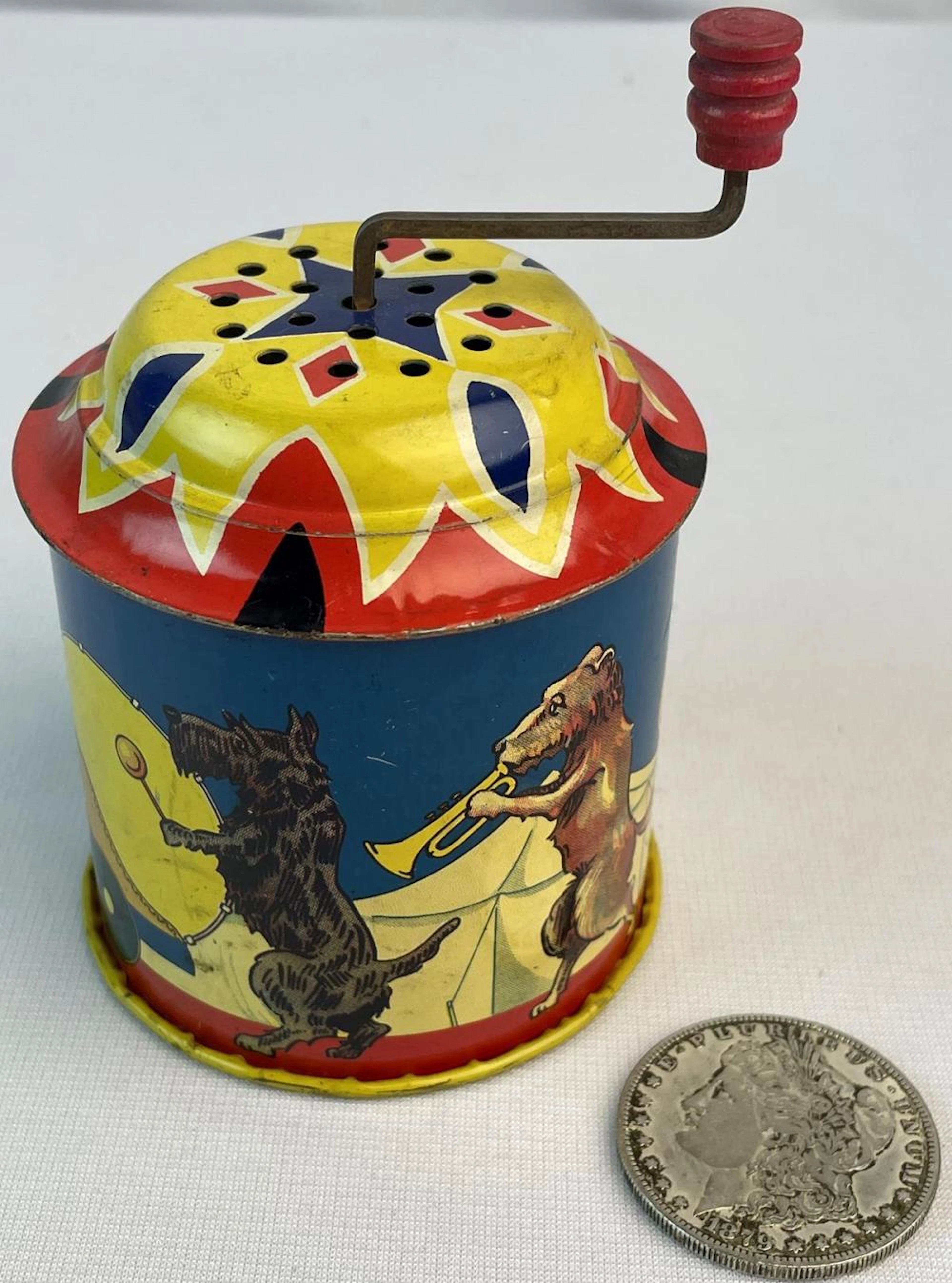 Vintage 1940's Wyandotte Toys Circus Dog Band Tin Litho Winding Music Box WORKS