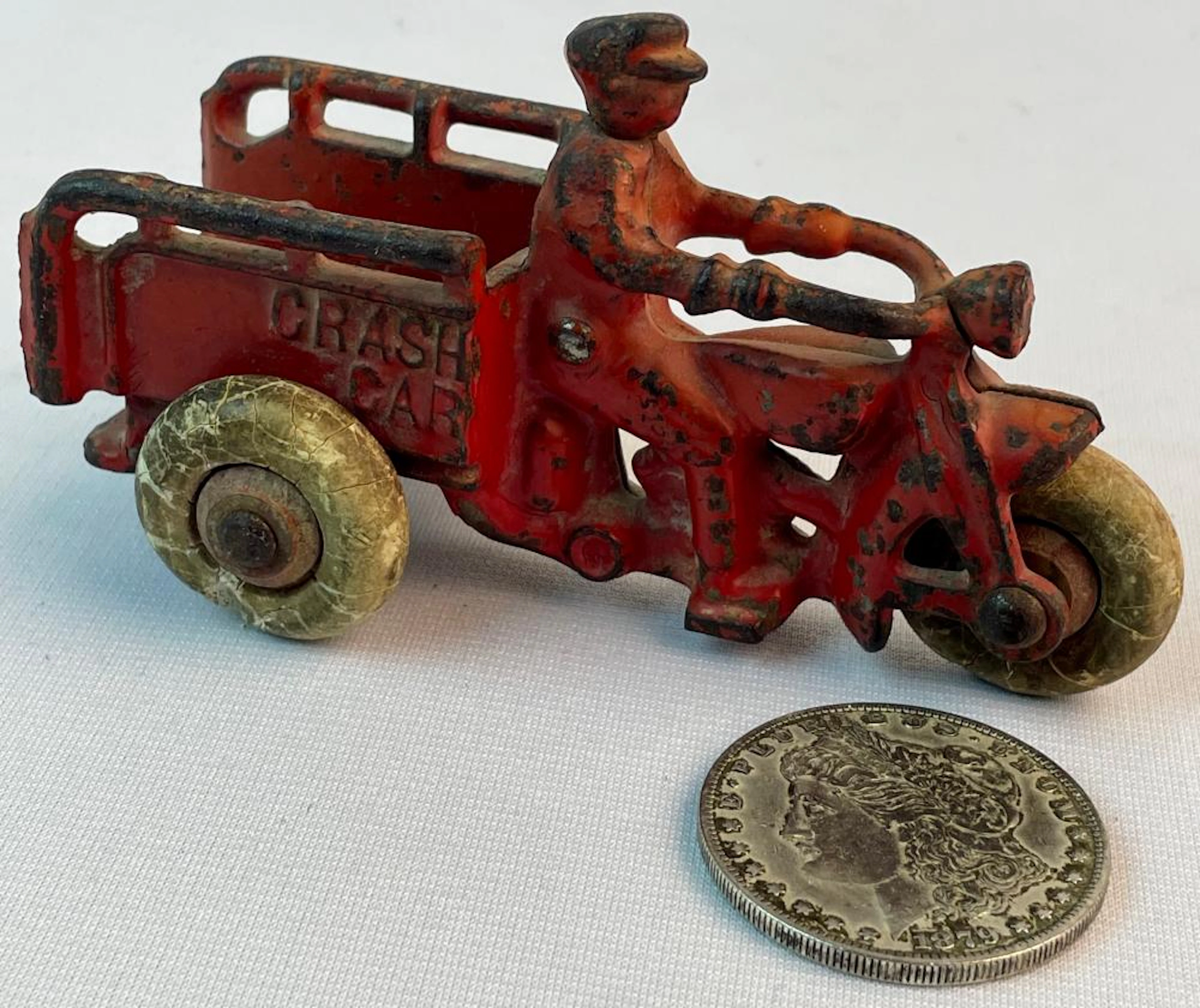 Vintage c. 1930 Hubley Cast Iron Red Crash Car Motorcycle w/ White Rubber Tires