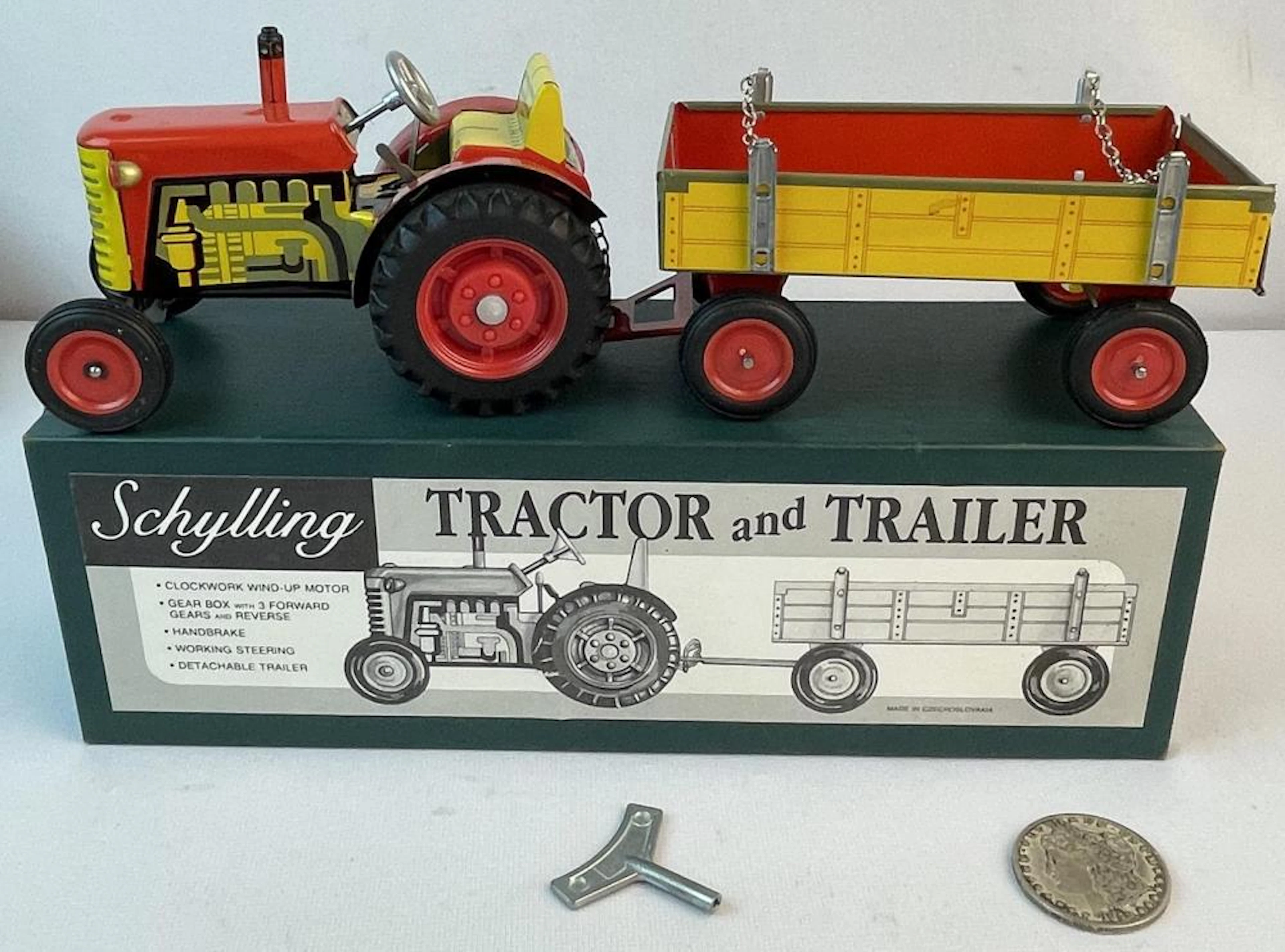 Schylling Tin Litho Key Wind Tractor and Trailer Toy NEW IN BOX