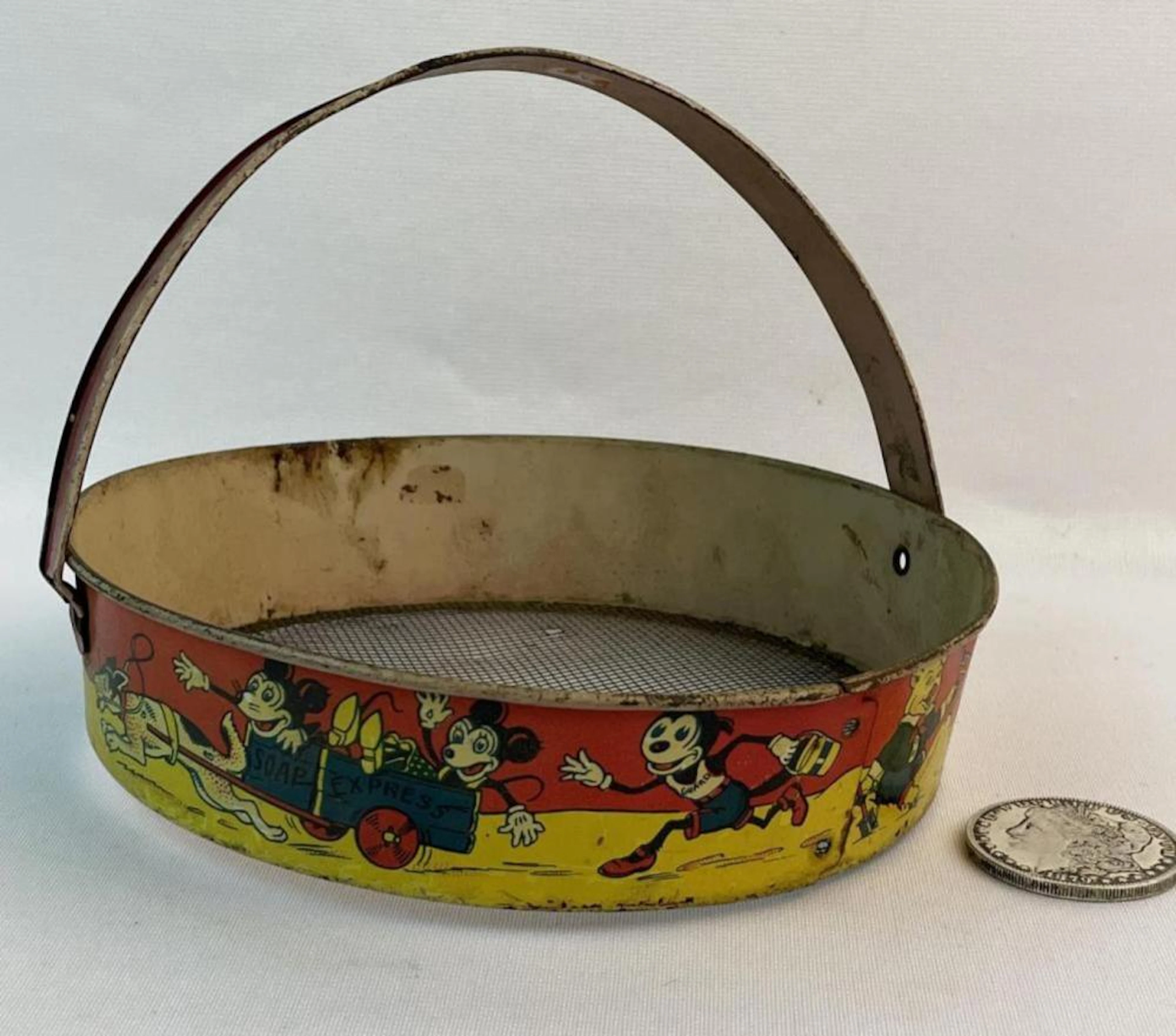 Vintage 1930's J. Chein Walt Disney Multiple Scene Tin Litho Sand Sifter