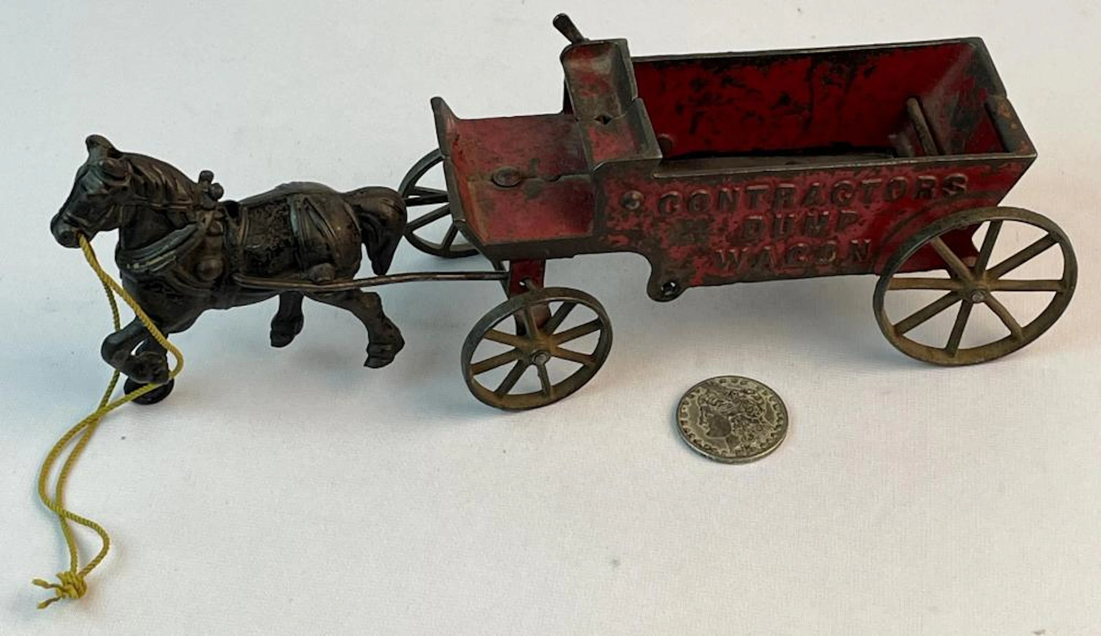 Antique Arcade Cast Iron Horse Drawn Contractors Dump Wagon WORKS