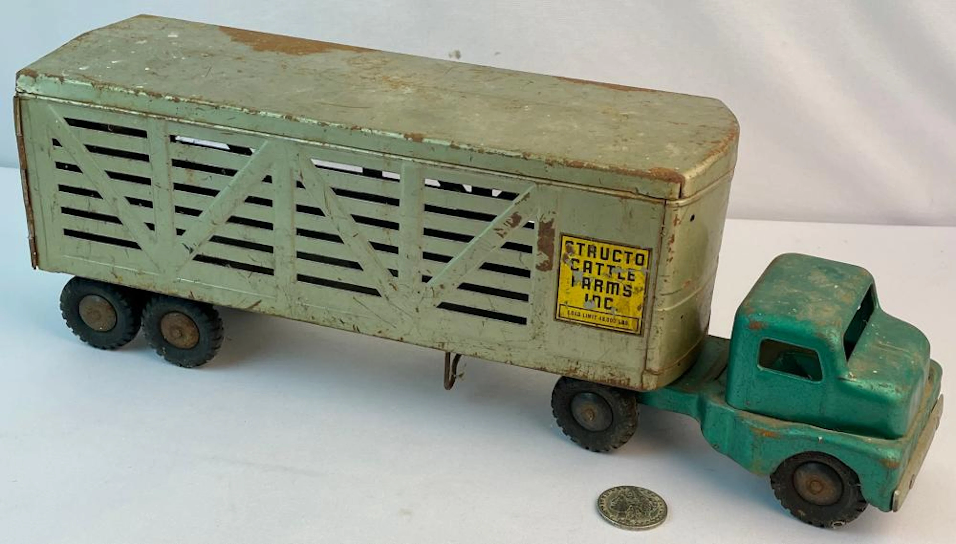 Vintage 1960's Pressed Steel Structo Cattle Farms Semi Truck Trailer 21" Long