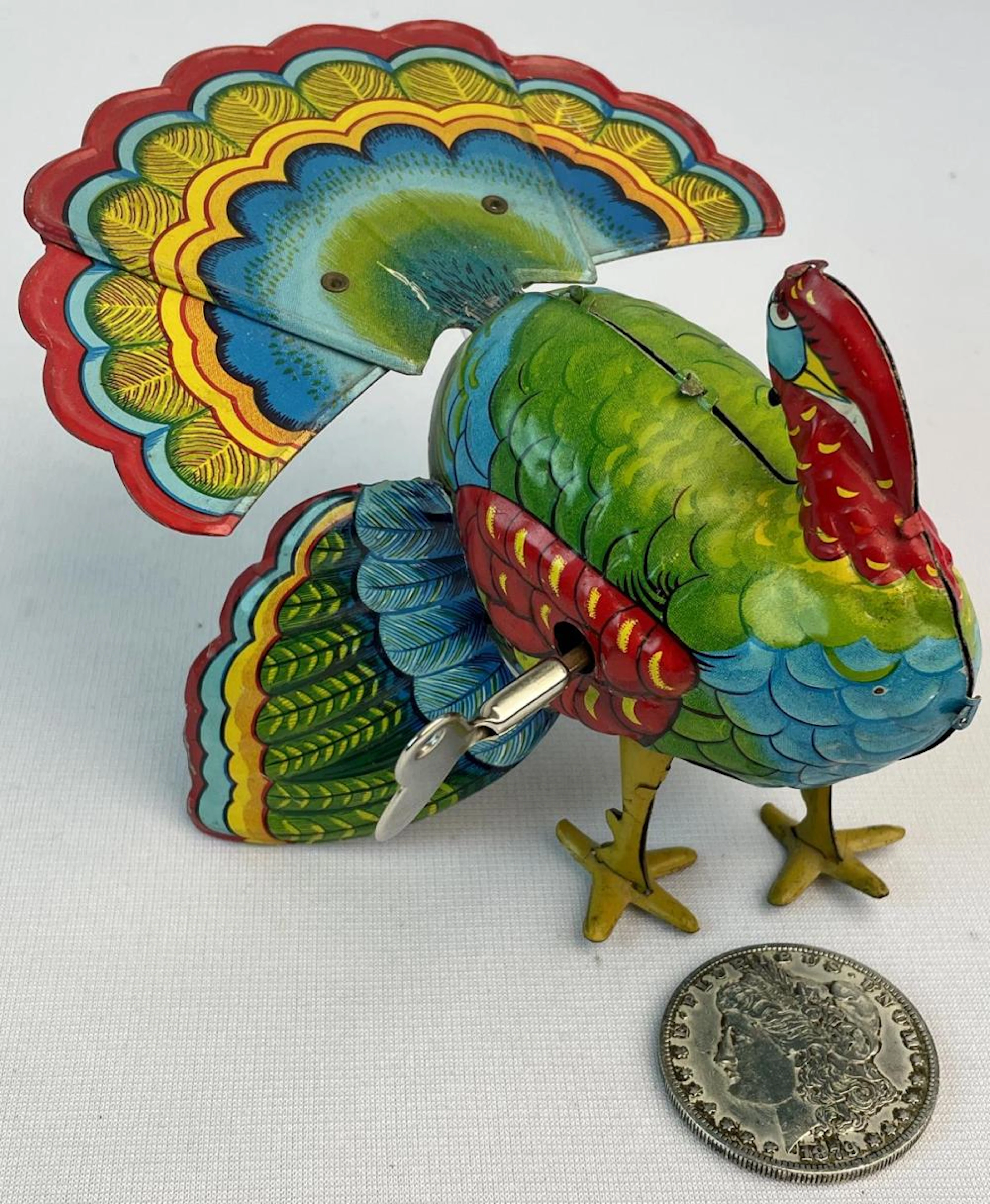 Vintage 1950's Japan Tin Litho Turkey Wind-Up Toy w/ Key WORKS