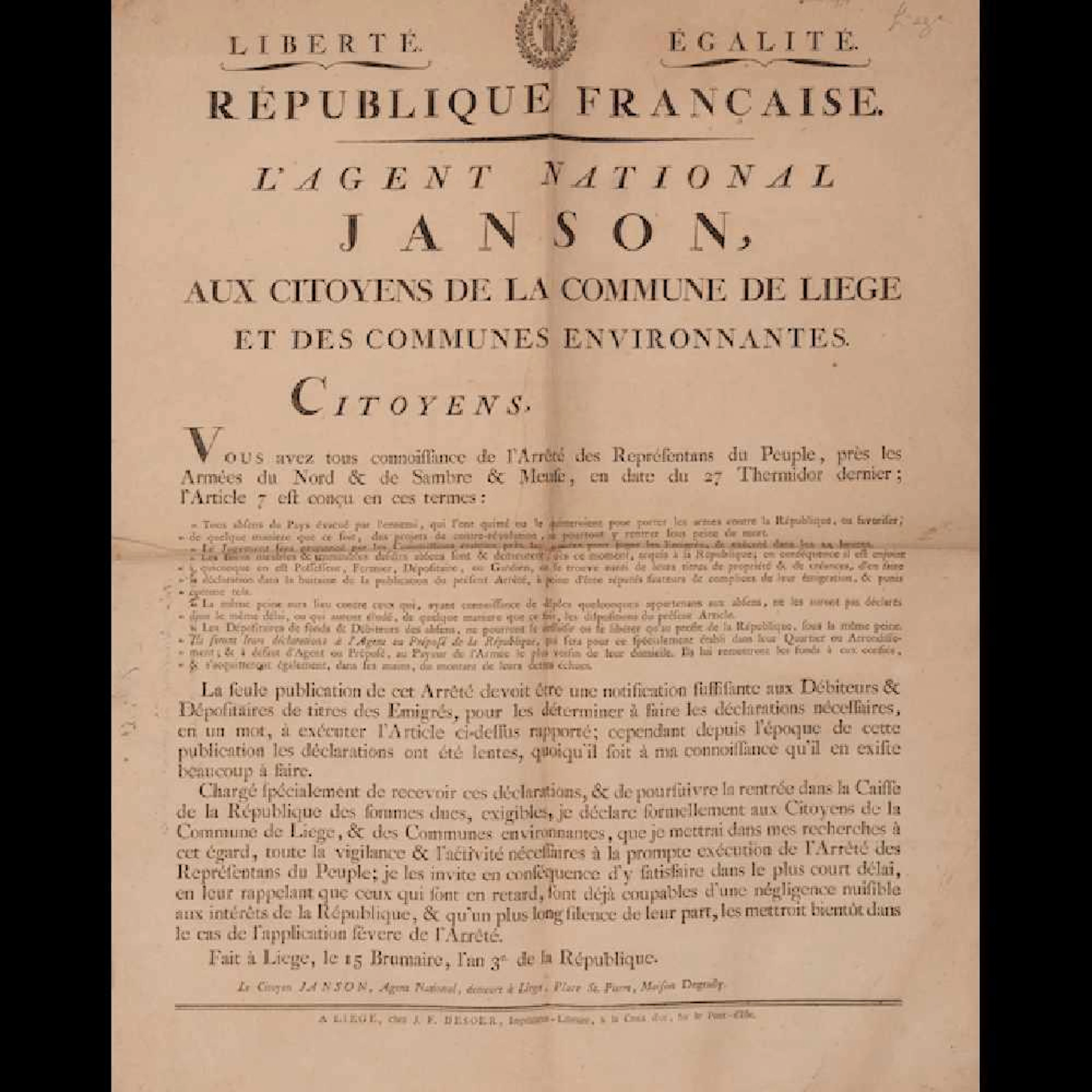 [LIÈGE - EPHEMERA] 19 placards relatifs aux armées du