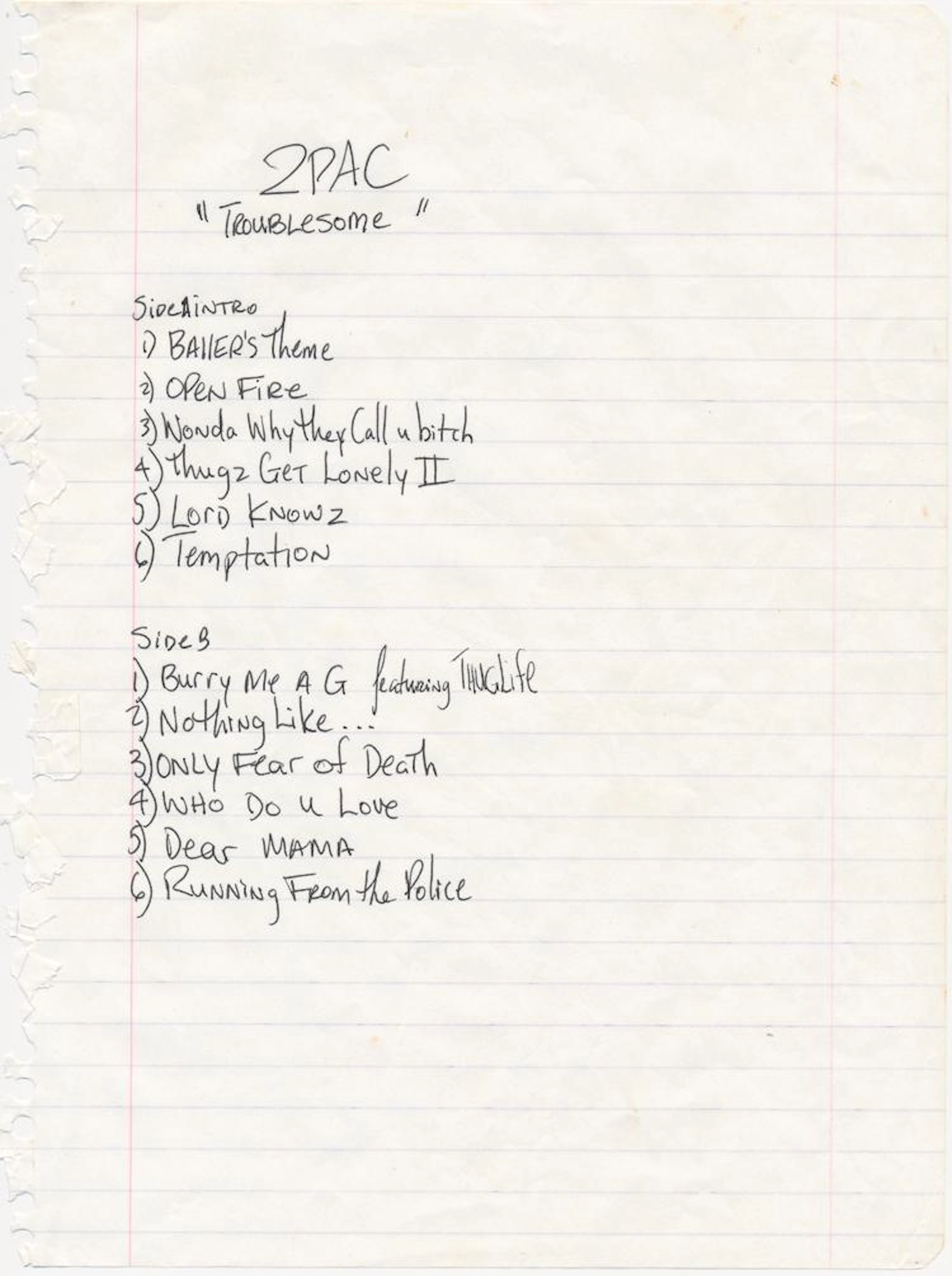 TUPAC SHAKUR HANDWRITTEN TRACK LIST FOR ALBUM "TROUBLESOME"