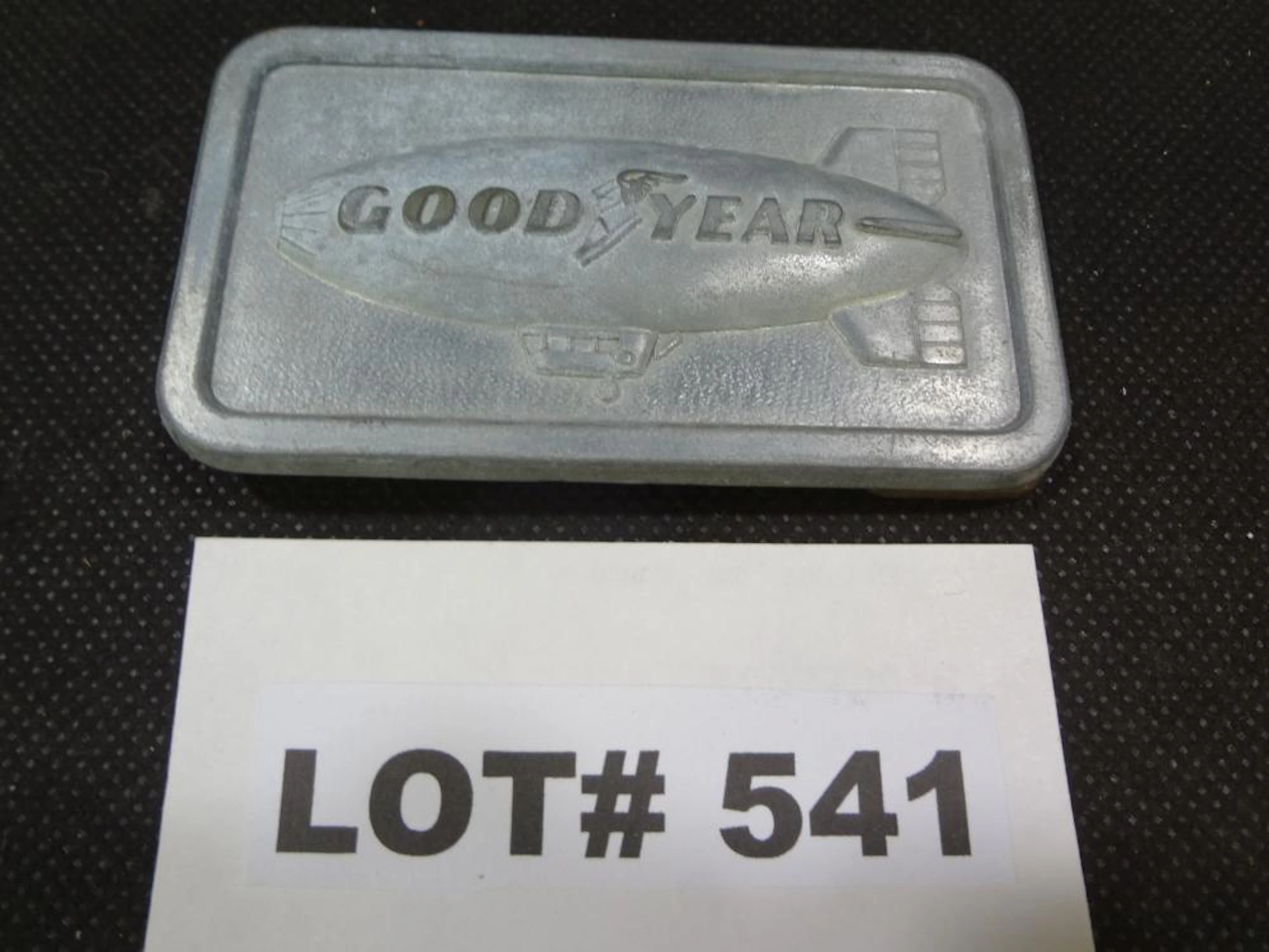 Goodyear Blimp belt buckle, pewter, 2" by 3 1/2, 1974