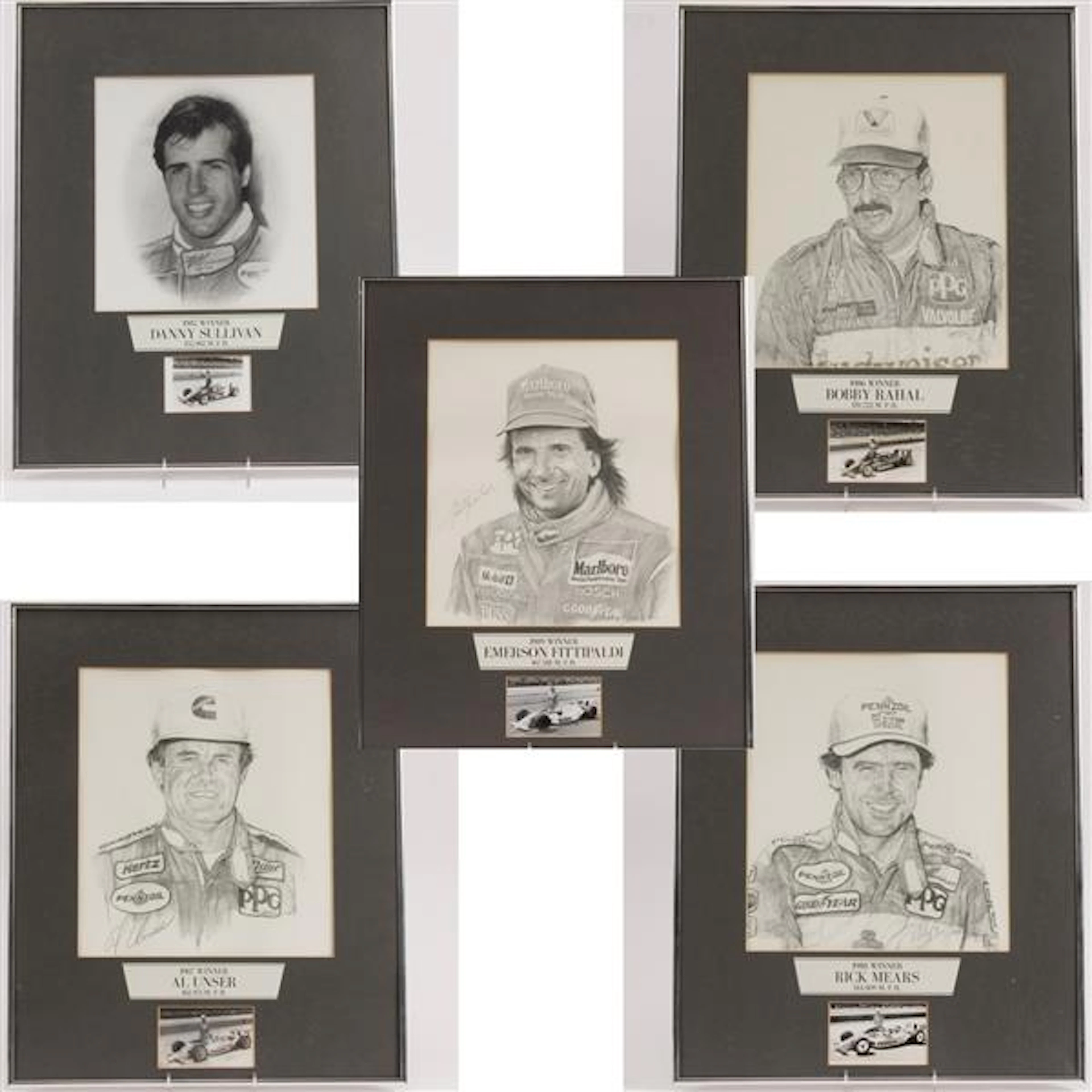 Five pencil drawings of Indianapolis 500 winners Sullivan, Rahal