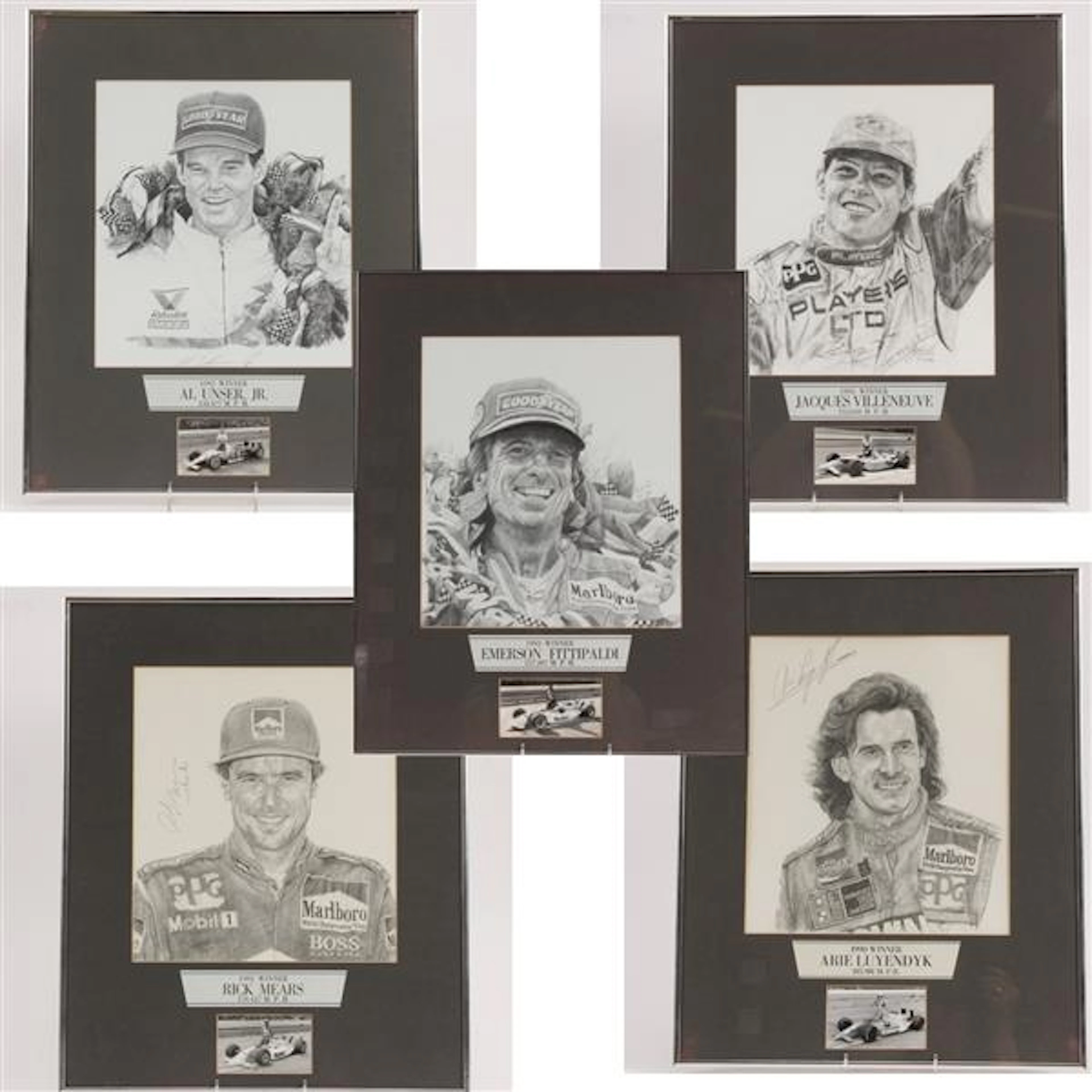 Five pencil drawings of Indianapolis 500 winners Luyendyk, Mears
