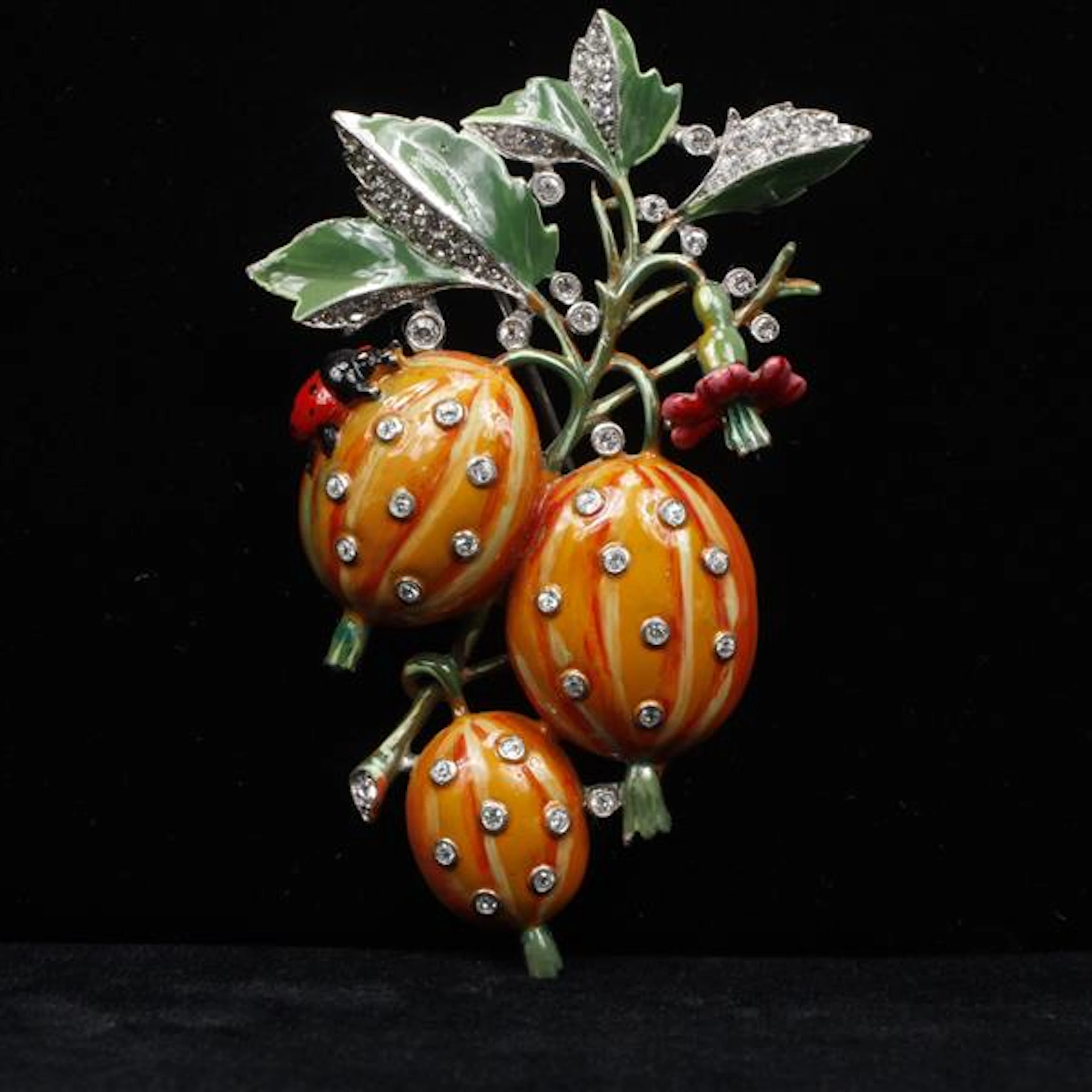 TRIFARI Pin of three enameled melons & leaves with ladybug & pave