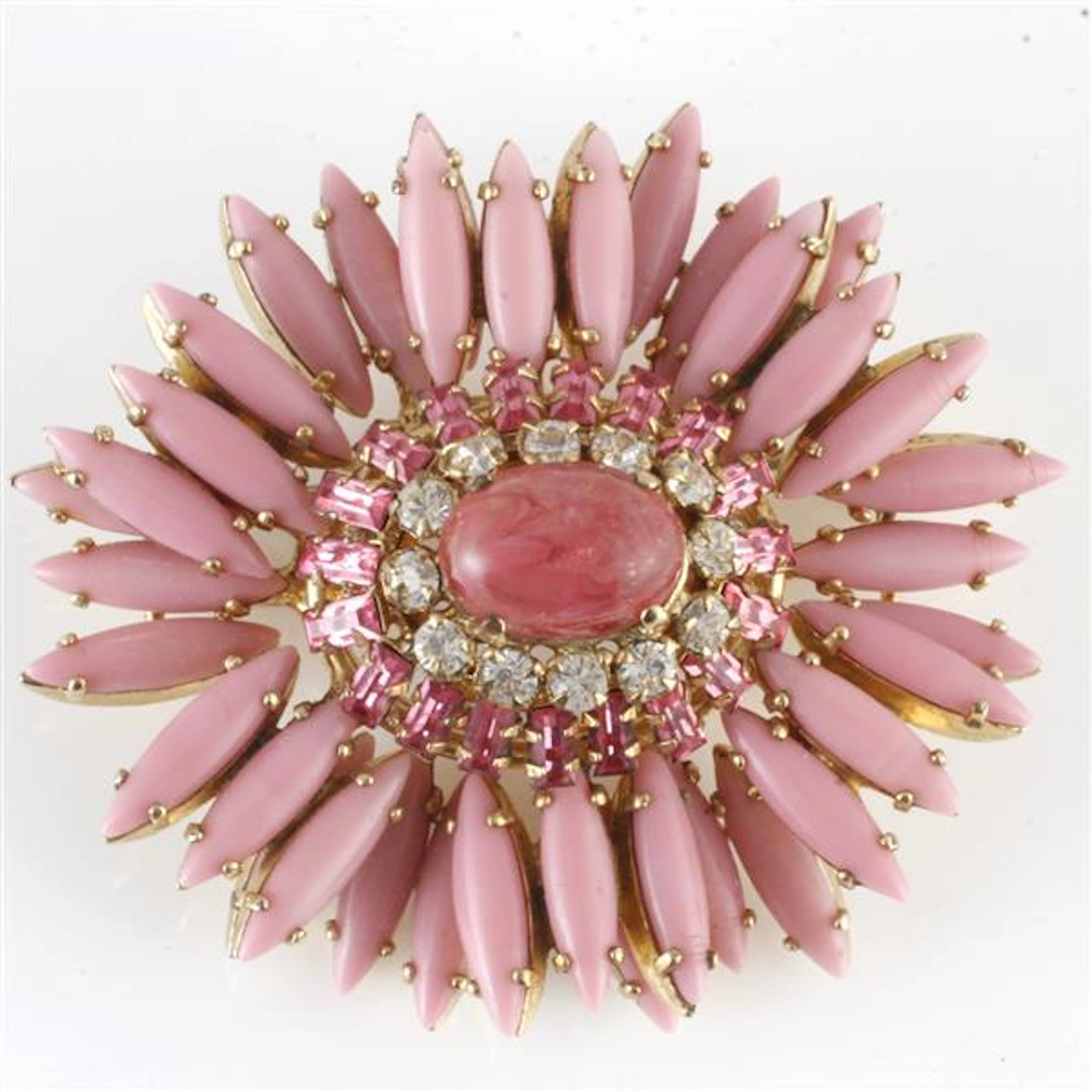 Unsigned Schreiner pink ruffle flower brooch with opaque...