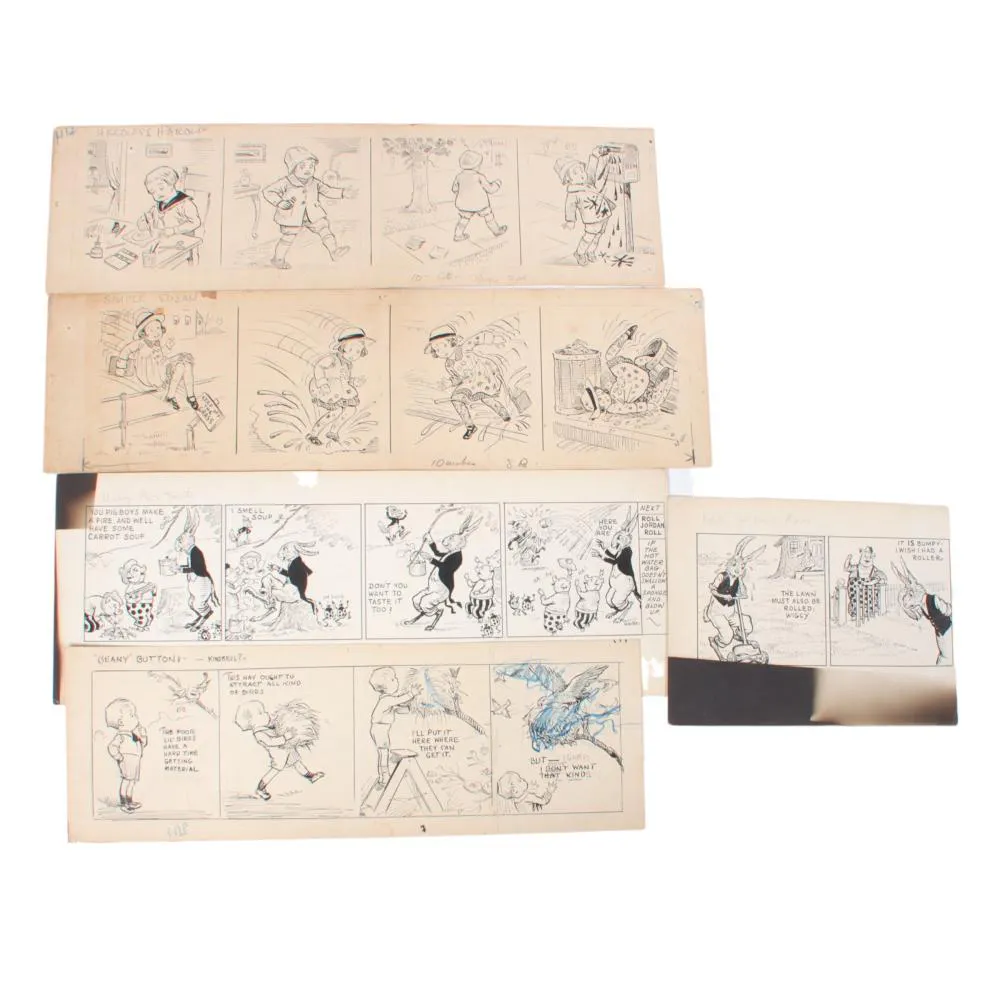 Five vintage 1930s original pen and ink comic strip cartoon drawings ...