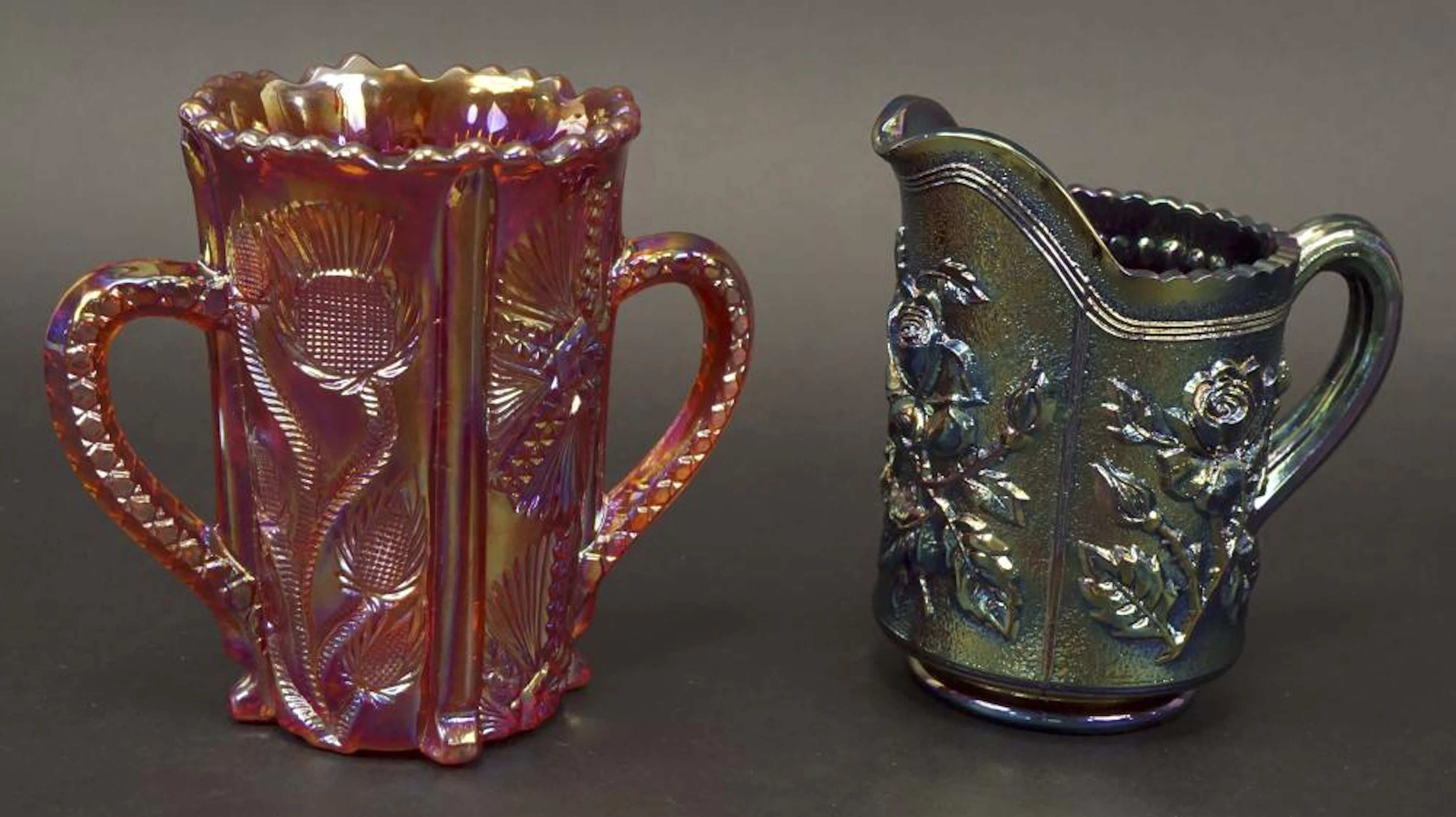 Vintage Carnival Glass Blue Pitcher & Red Cup