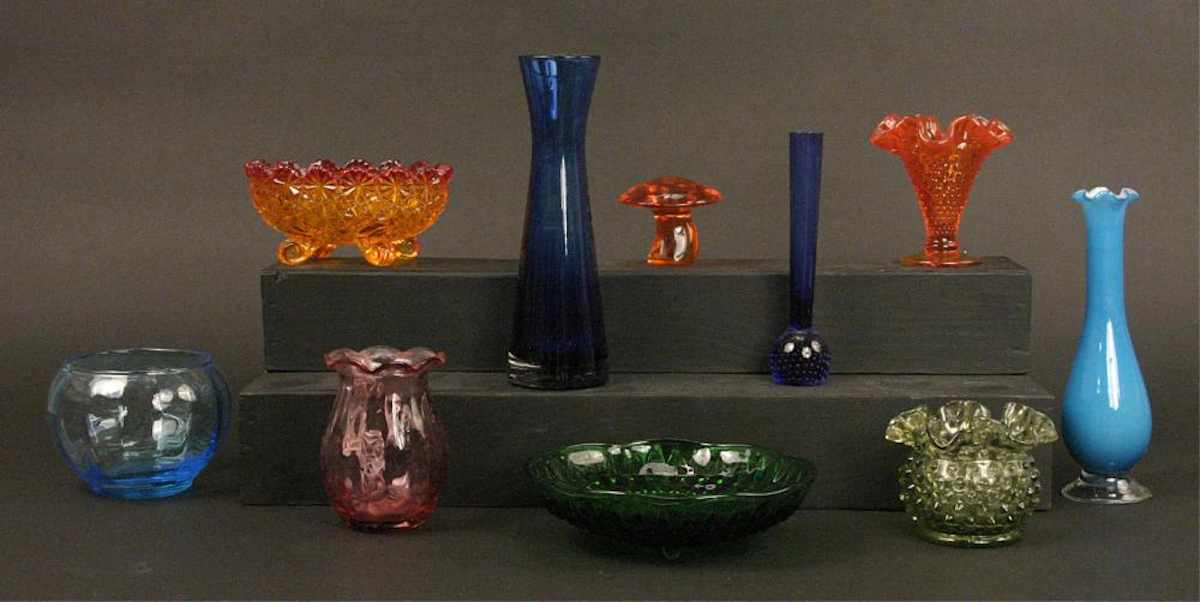 Assorted Colored Glass Vases & Bowls