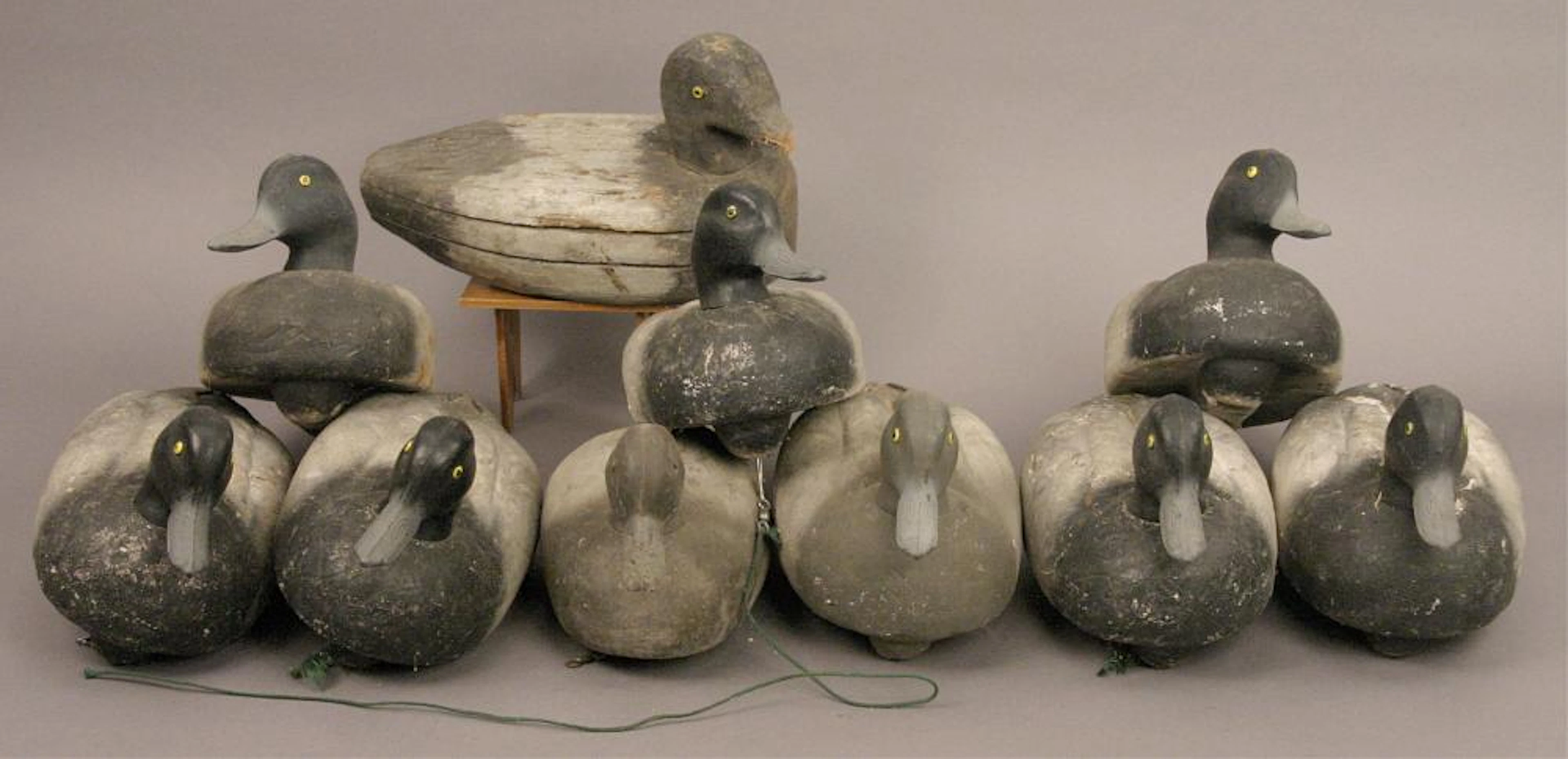 10 Duck Decoys Sitting at Attention Ready to Quack