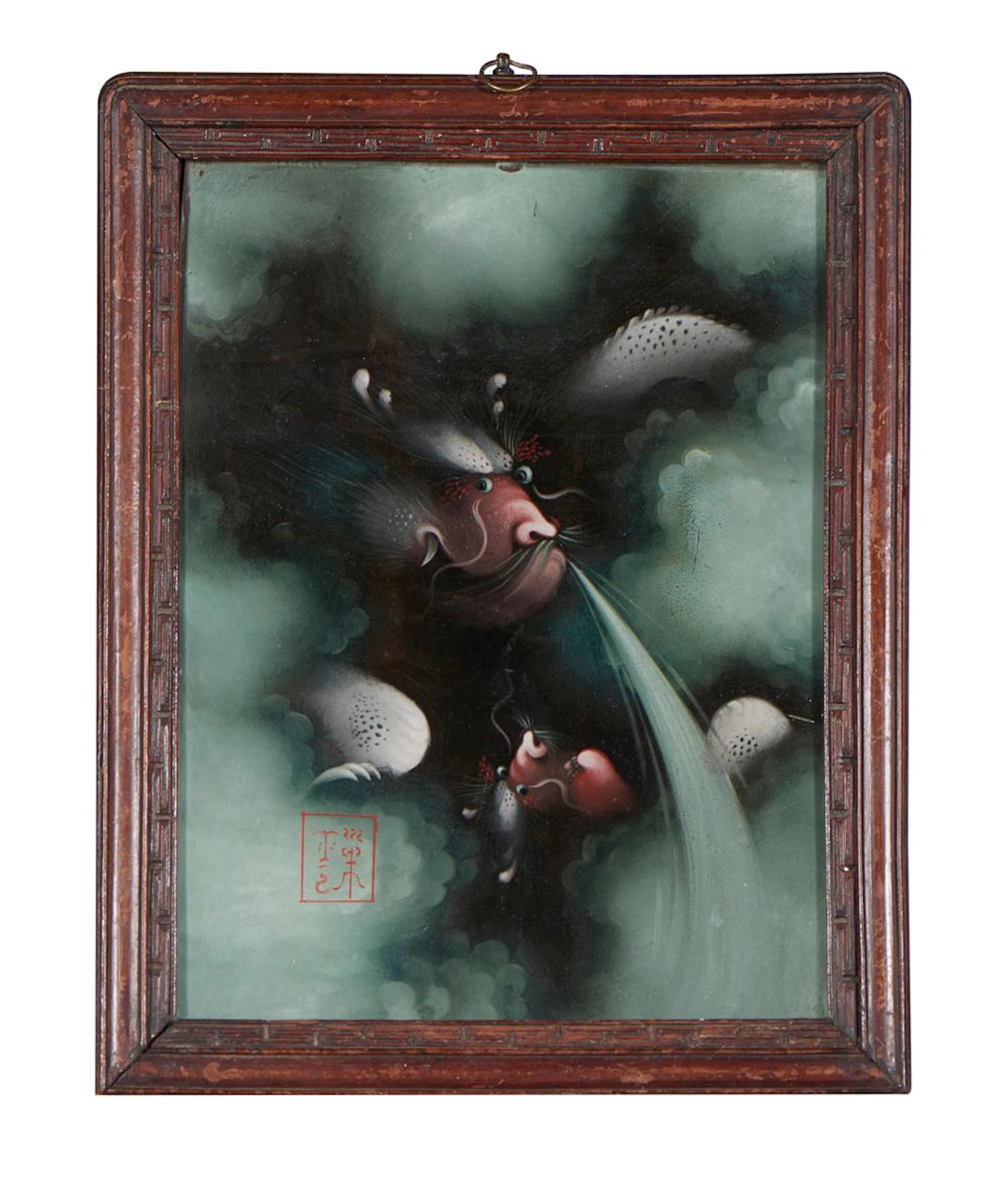Peixes, pintura oriental sob vidro, 38,5 x 29 cm.