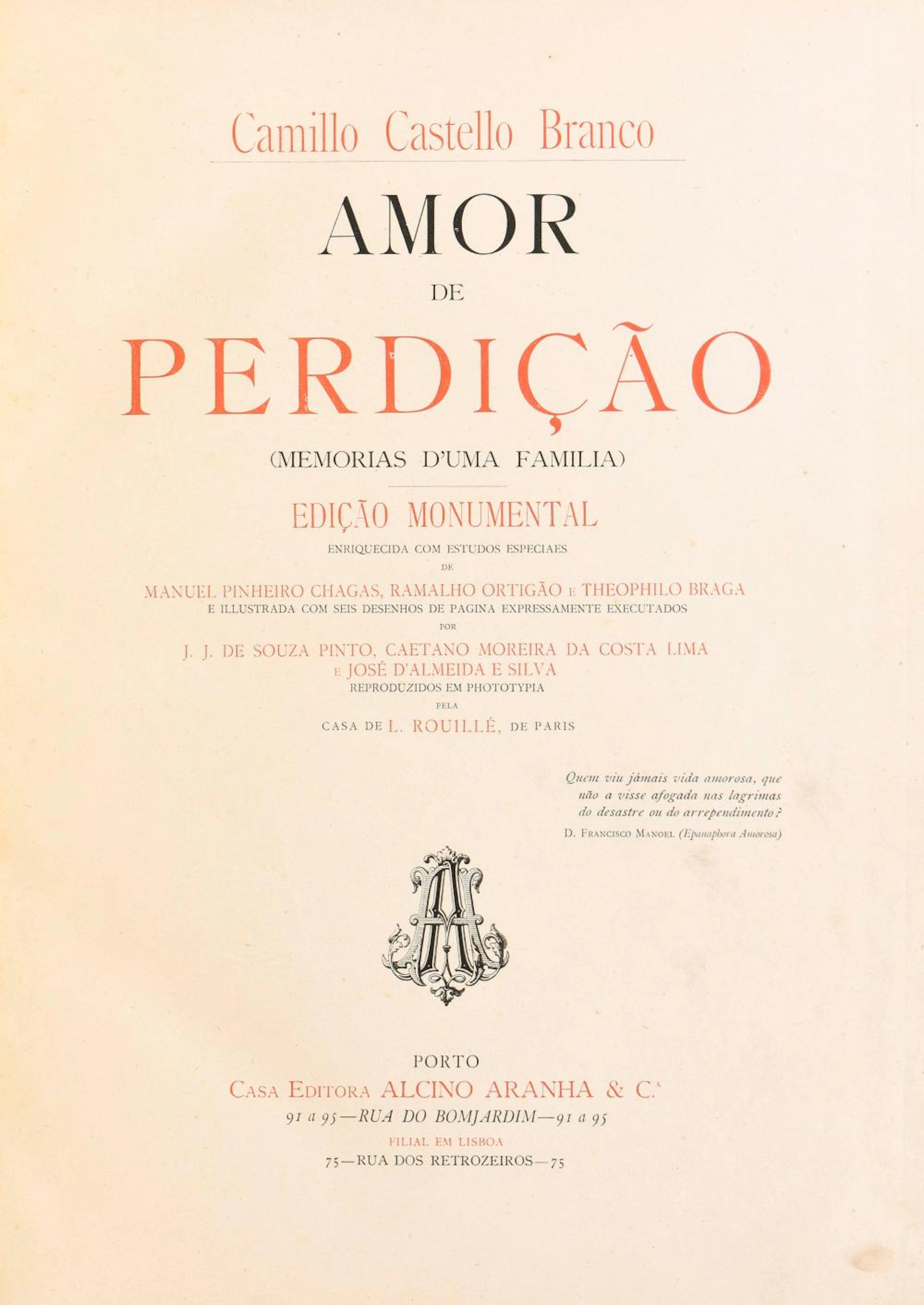 CASTELLO BRANCO. AMOR DE PERDIÇÃO, 1 vol. enc.