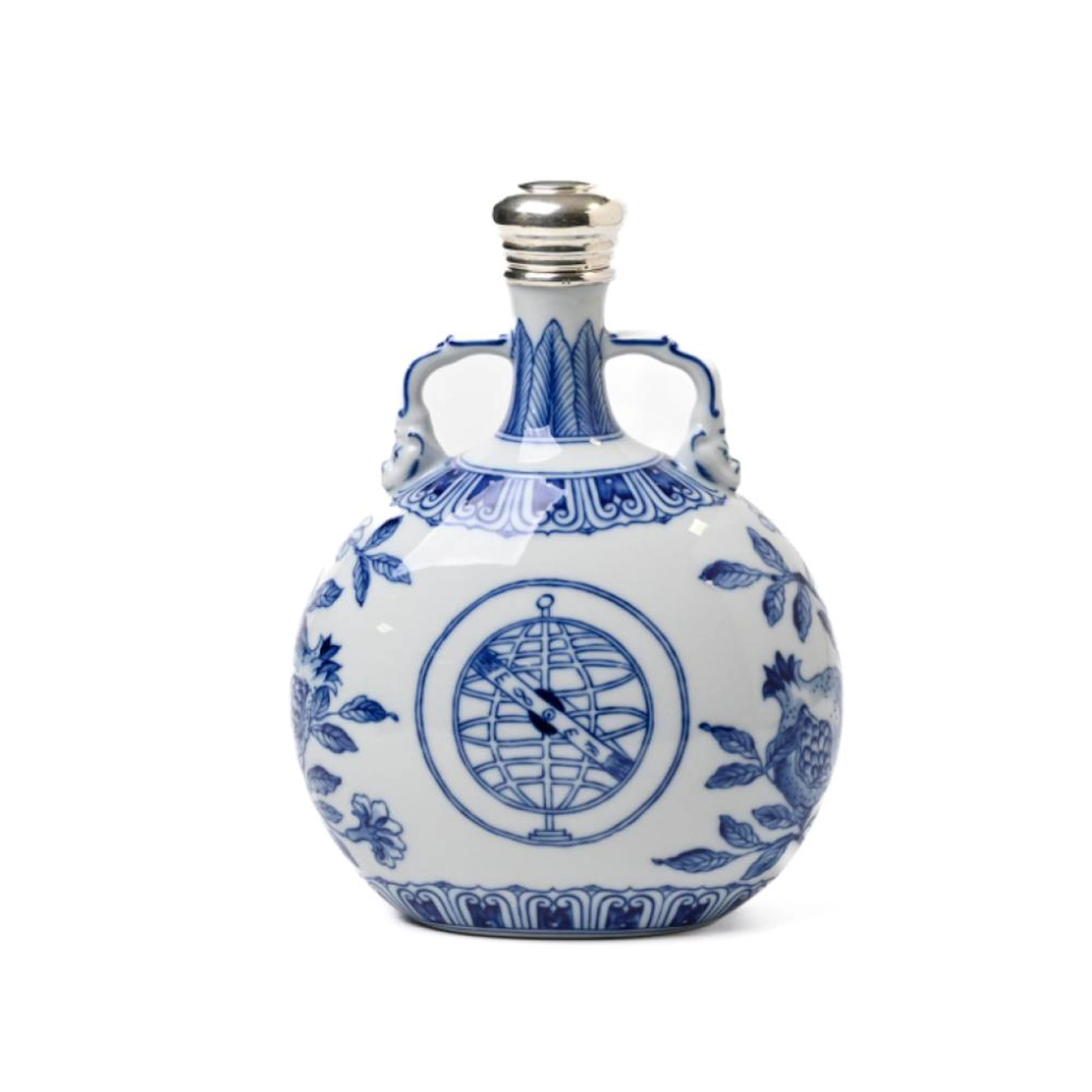 Garrafa da Vista Alegre com decoração a azul, com tampa em prata, 925?