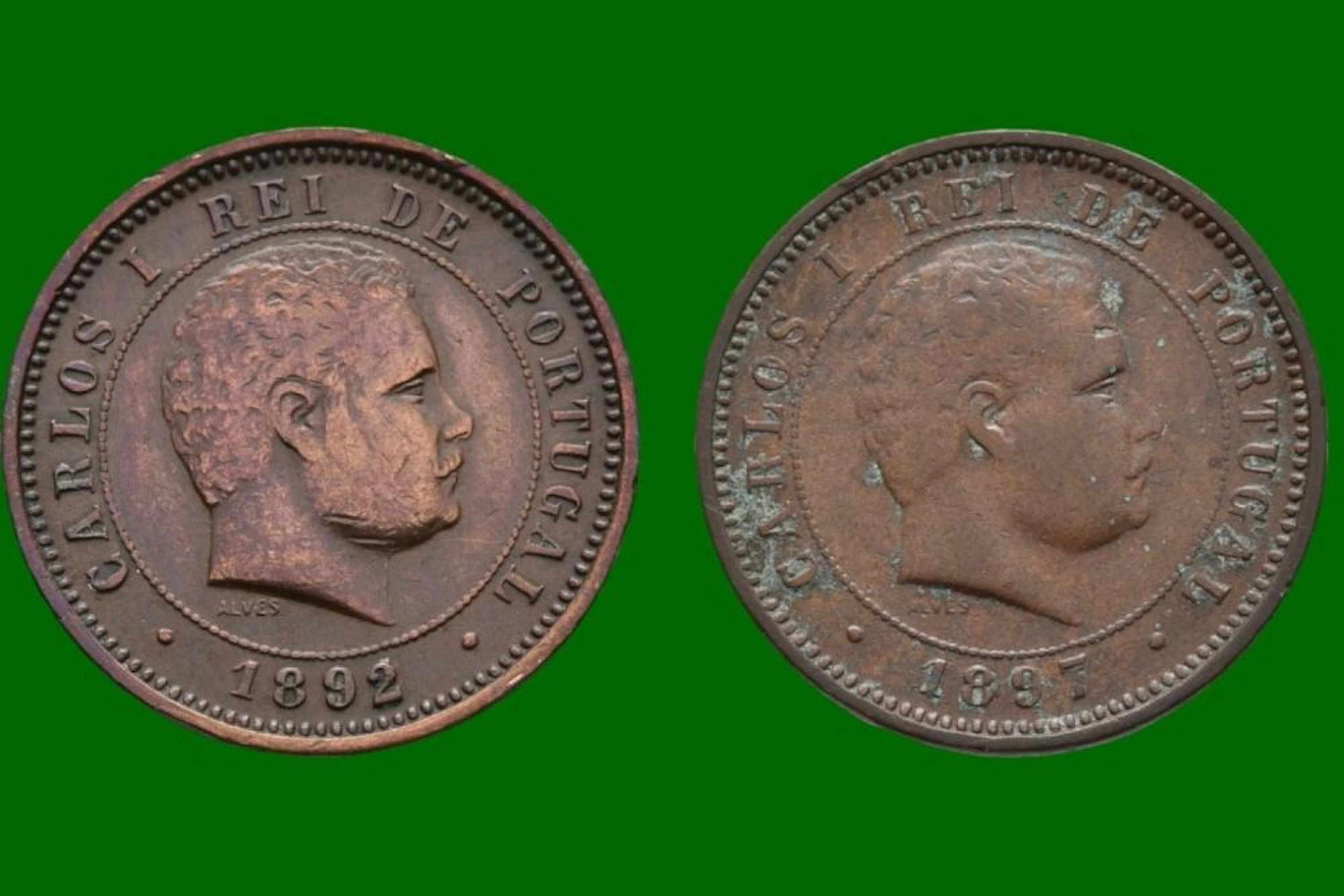Lote de 2 moedas, Dom Carlos I, 5 Réis, 1892/97, Bronze