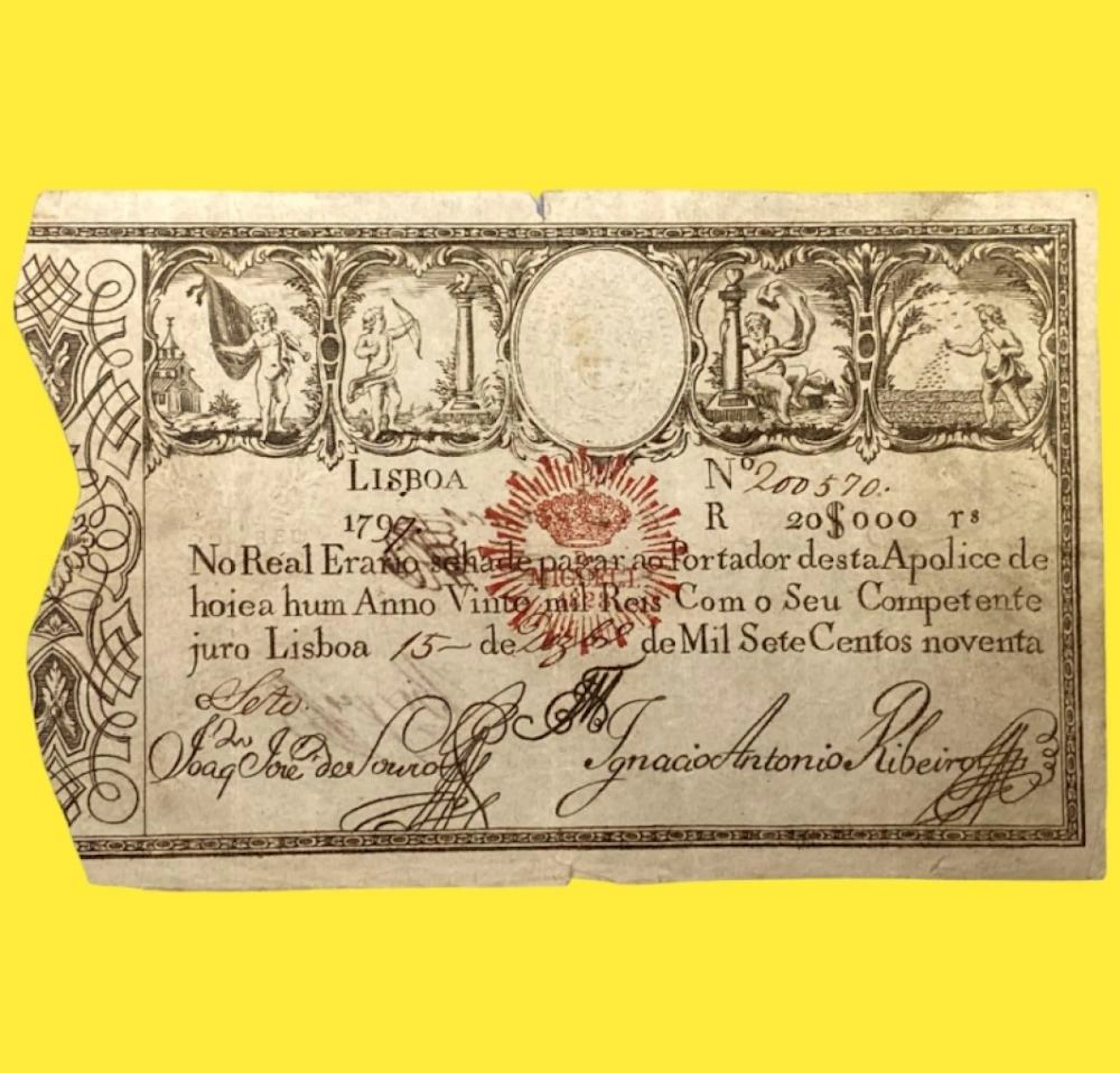 Apólice, 20.000 Réis, 1797, Carimbo Dom Miguel, Portugal