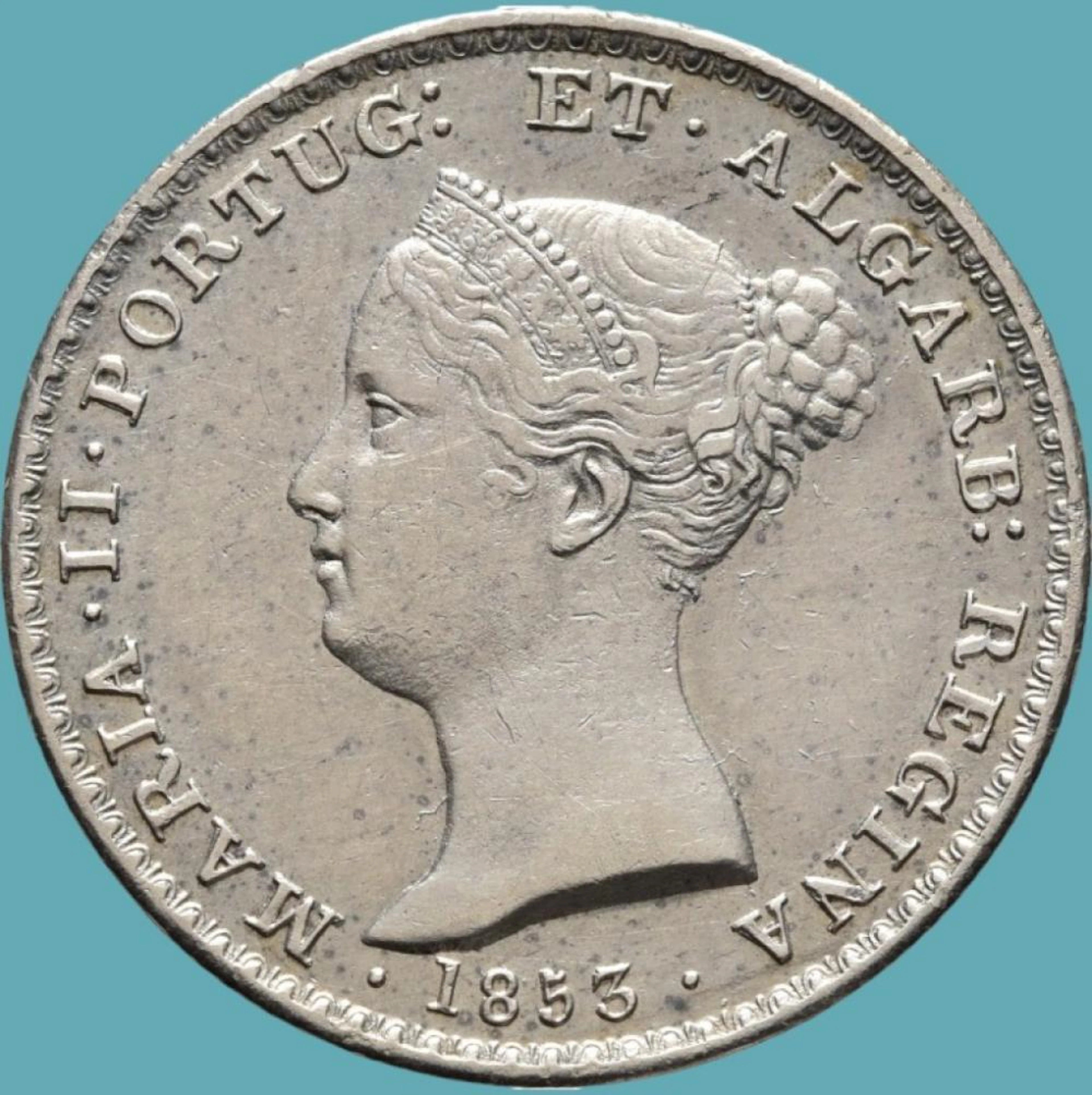 Dona Maria II, Meia Coroa, 5 Tostões (500 Réis),1853, Prata, P.14,75 g.