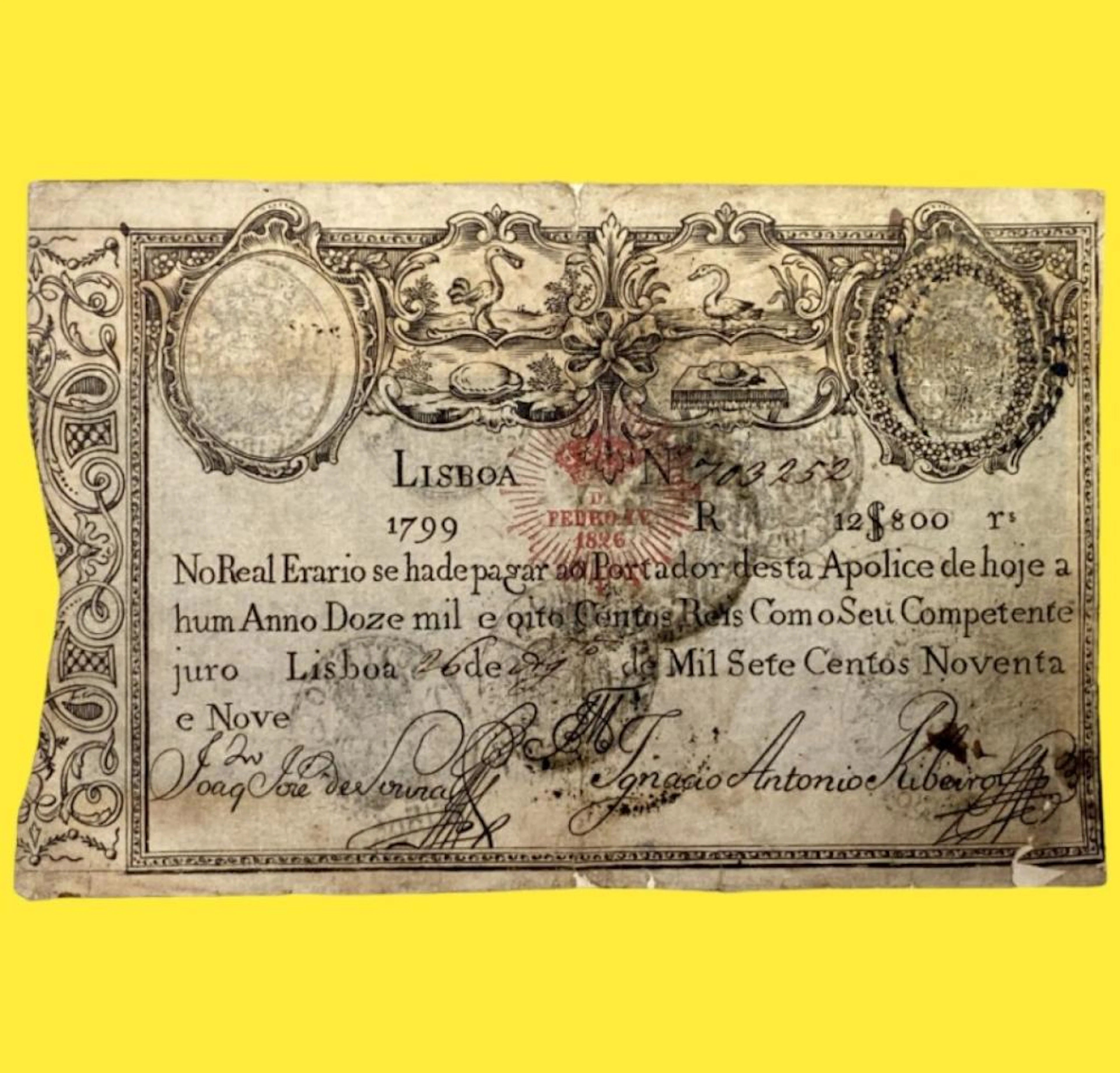 Apólice, 12.800 Réis, 1799, Carimbo Dom Pedro IV, Portugal