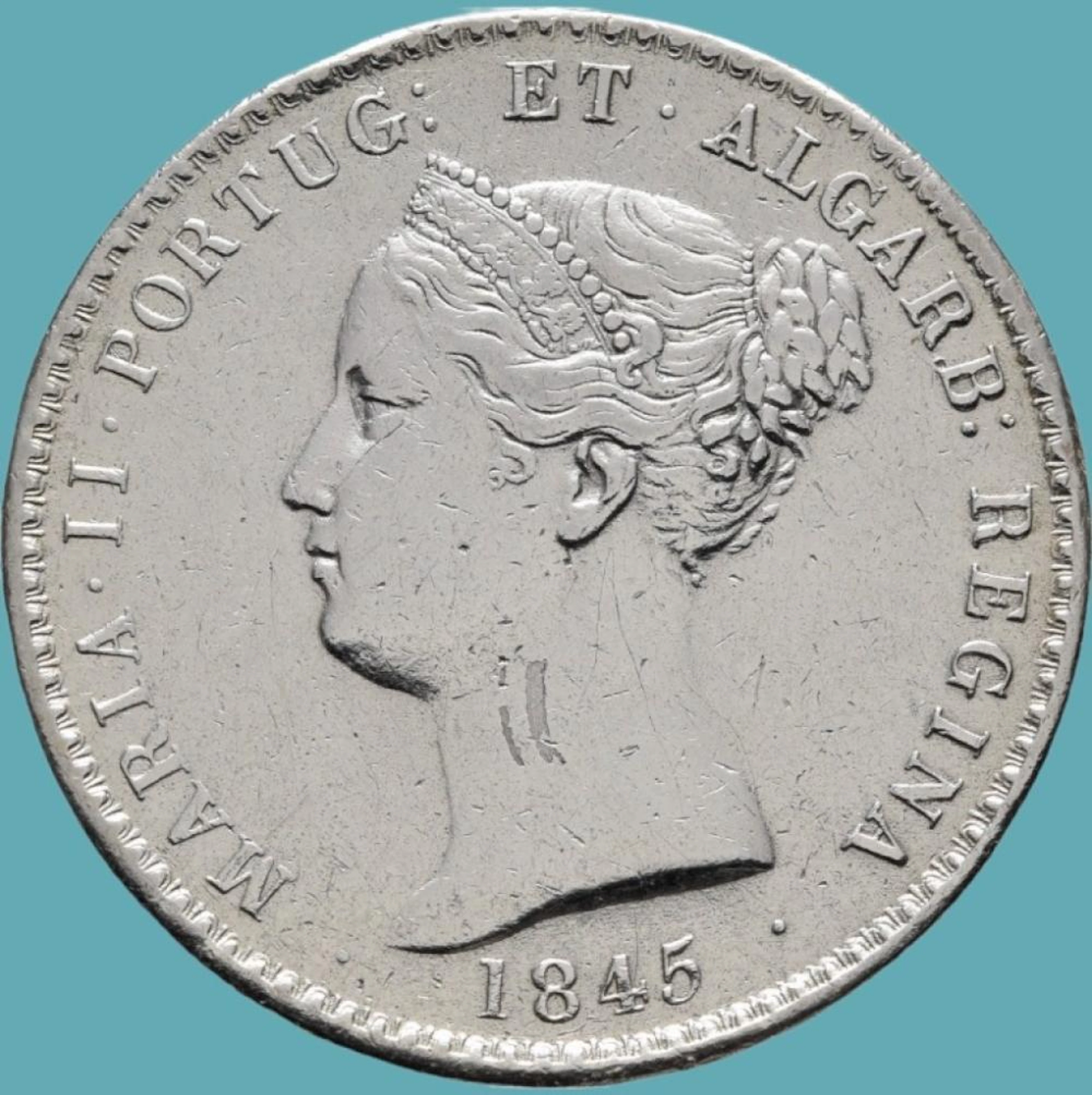 Dona Maria II, Coroa, 10 Tostões (1.000 Réis), 1845, Prata, P.29,47 g.