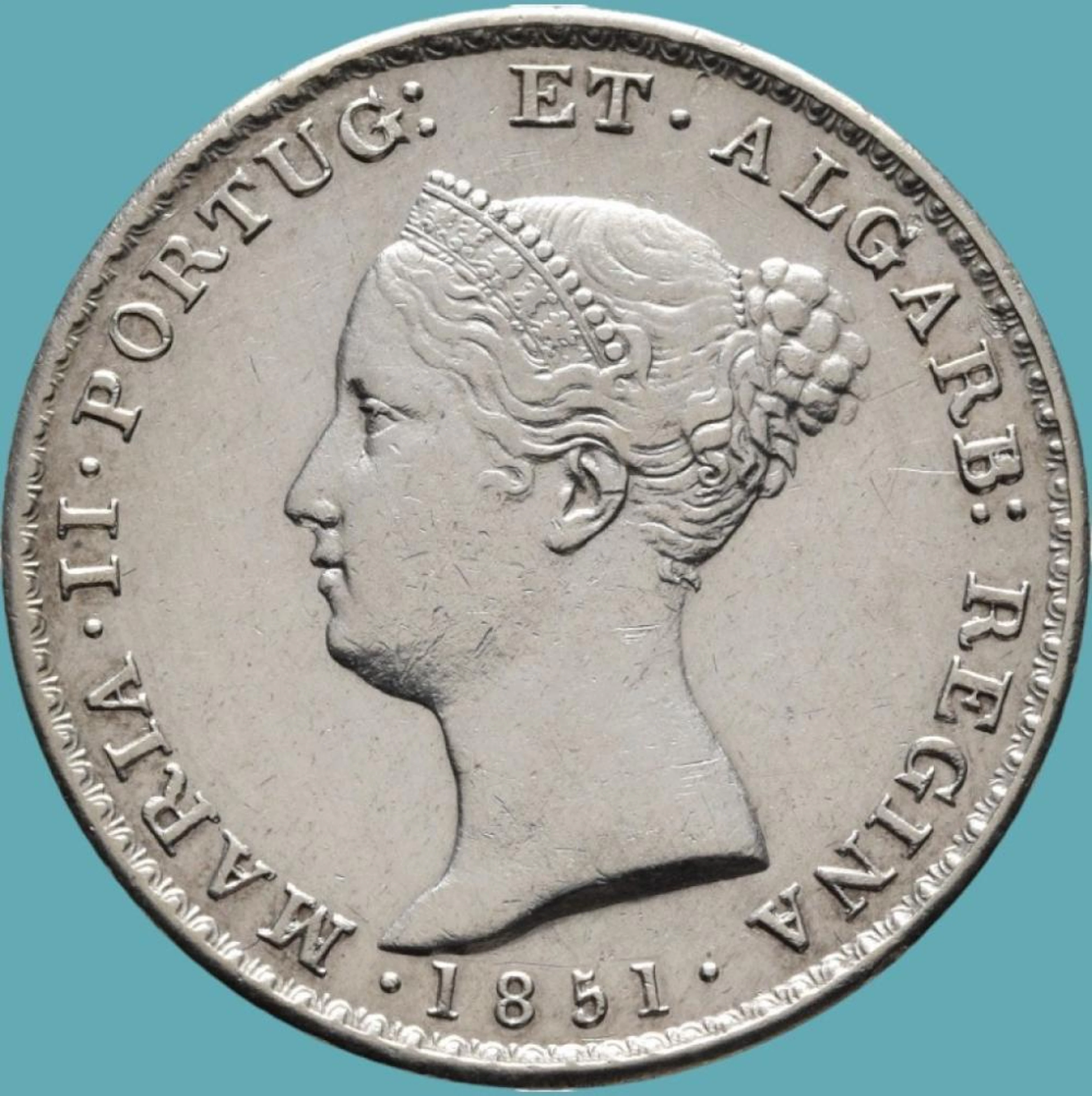 Dona Maria II, Meia Coroa, 5 Tostões (500 Réis),1851, Prata, P.14,77 g.