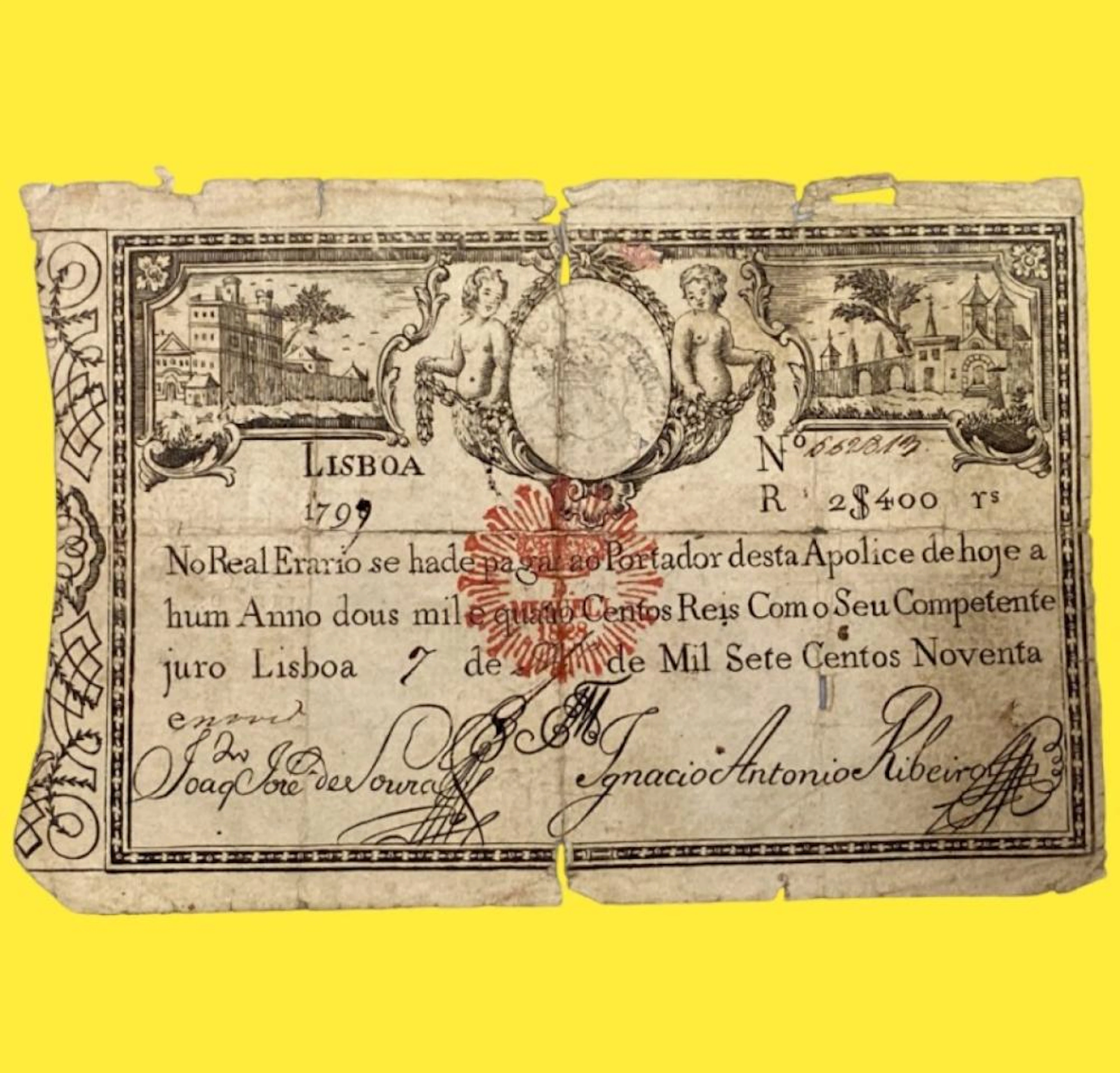 Apólice, 2.400 Réis, 1798/9, Data Emendada, Carimbo de Dom Miguel I, Portugal